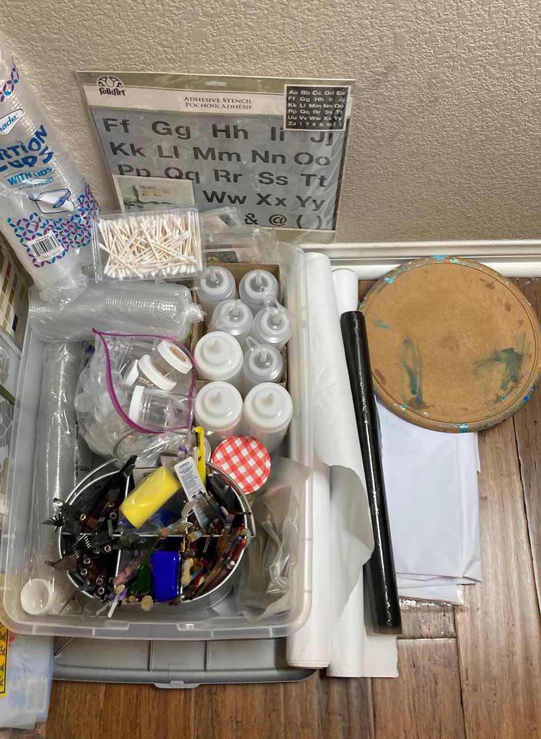 Photo 1 of ARTIST PAINTING SUPPLIES- STENCILS, BRUSHES, TOOLS & CONTAINERS W PLASTIC TOTE 22” X 16” H7”