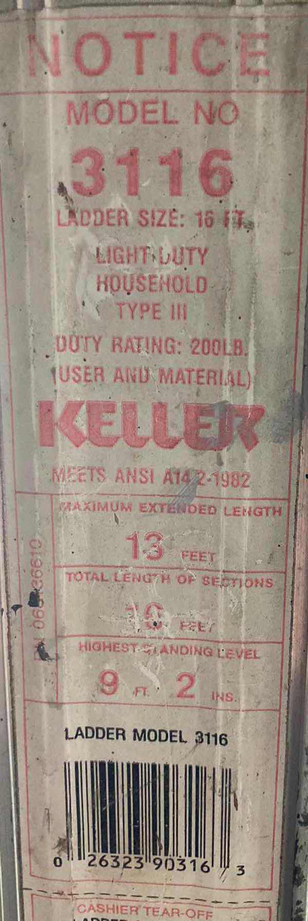 Photo 1 of KELLER 13’ EXTENSION LADDER MODEL 3116