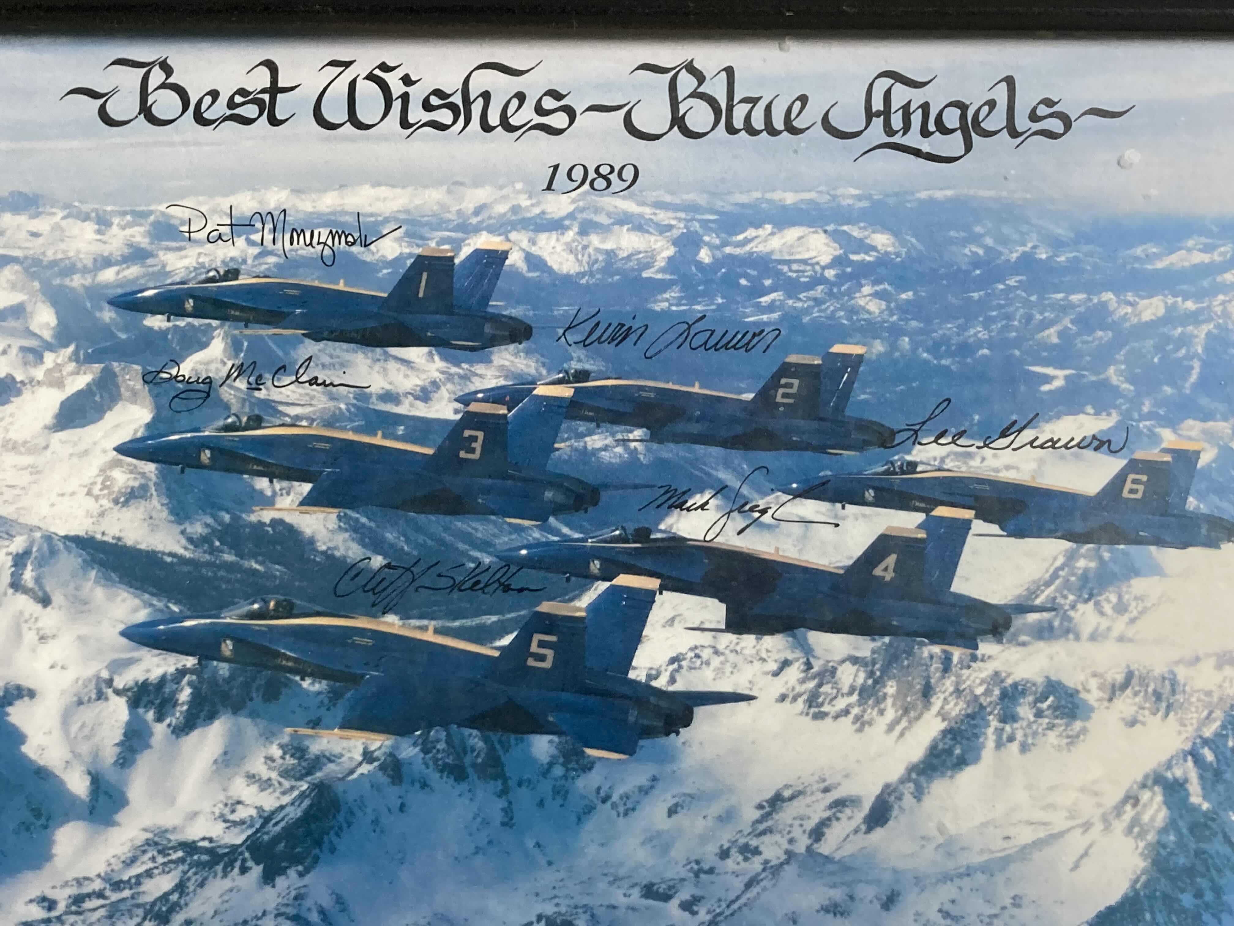 Photo 1 of BEST WISHES BLUE ANGELS JET FIGHTERS FRAMED PHOTOGRAPH AUTOGRAPHED BY 1989 BLUE ANGELS 15” X 12”