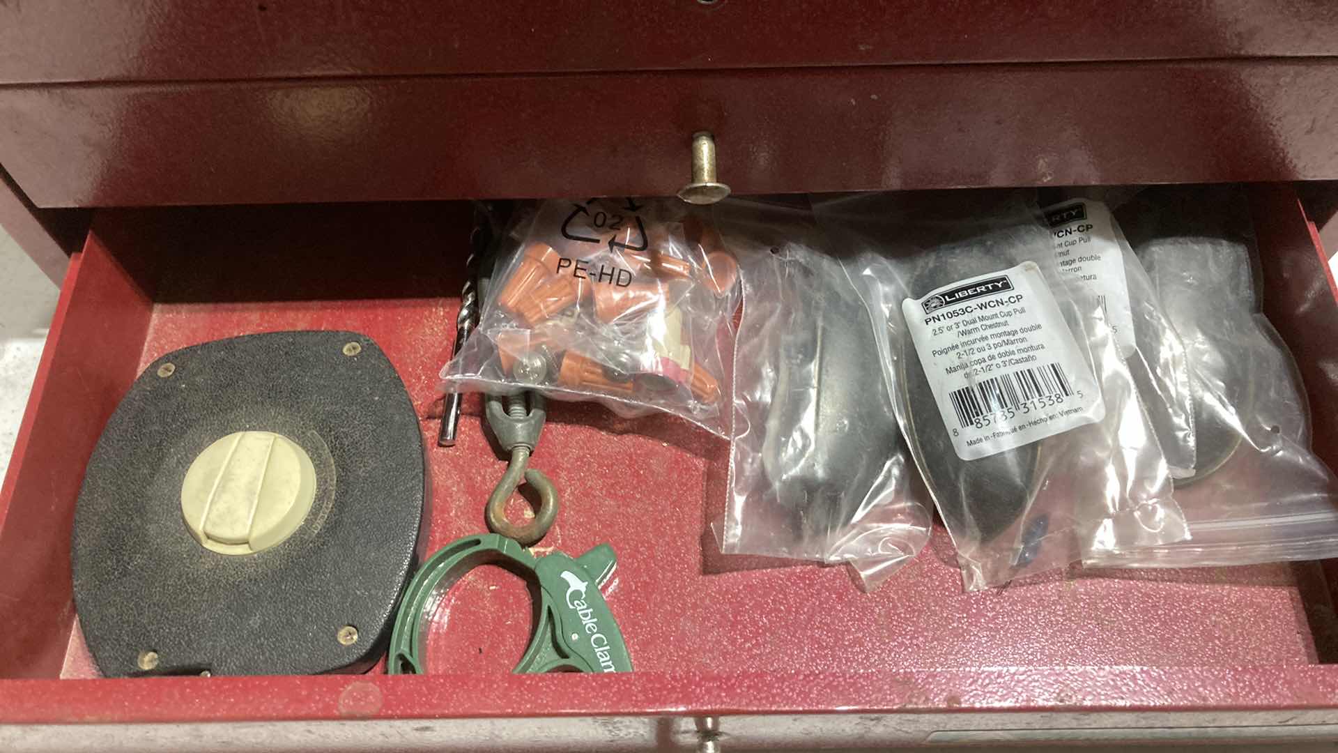 Photo 1 of ALL TRADE RED STEEL TOOL BOX W TOOLS & HARDWARE 16” X 9” H11”