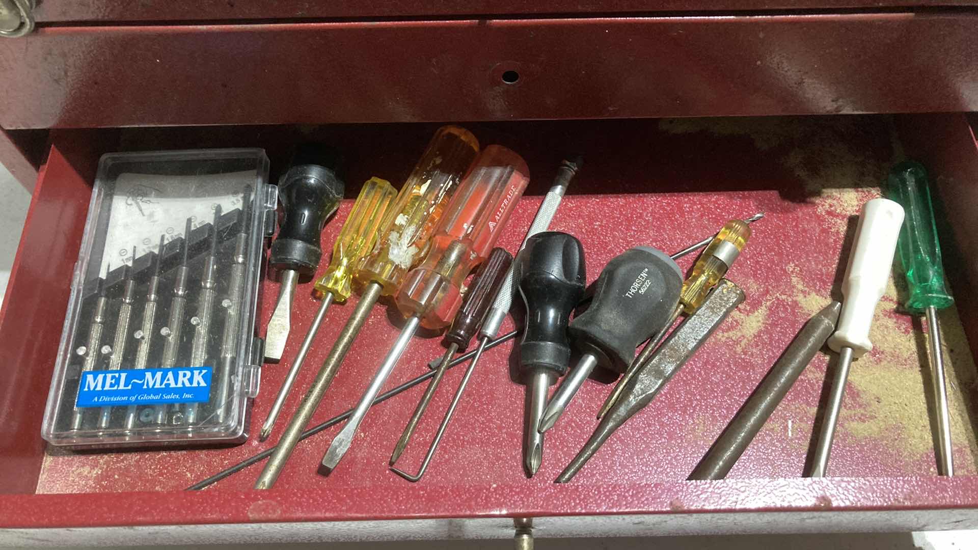 Photo 1 of ALL TRADE RED STEEL TOOL BOX W TOOLS & HARDWARE 16” X 9” H11”