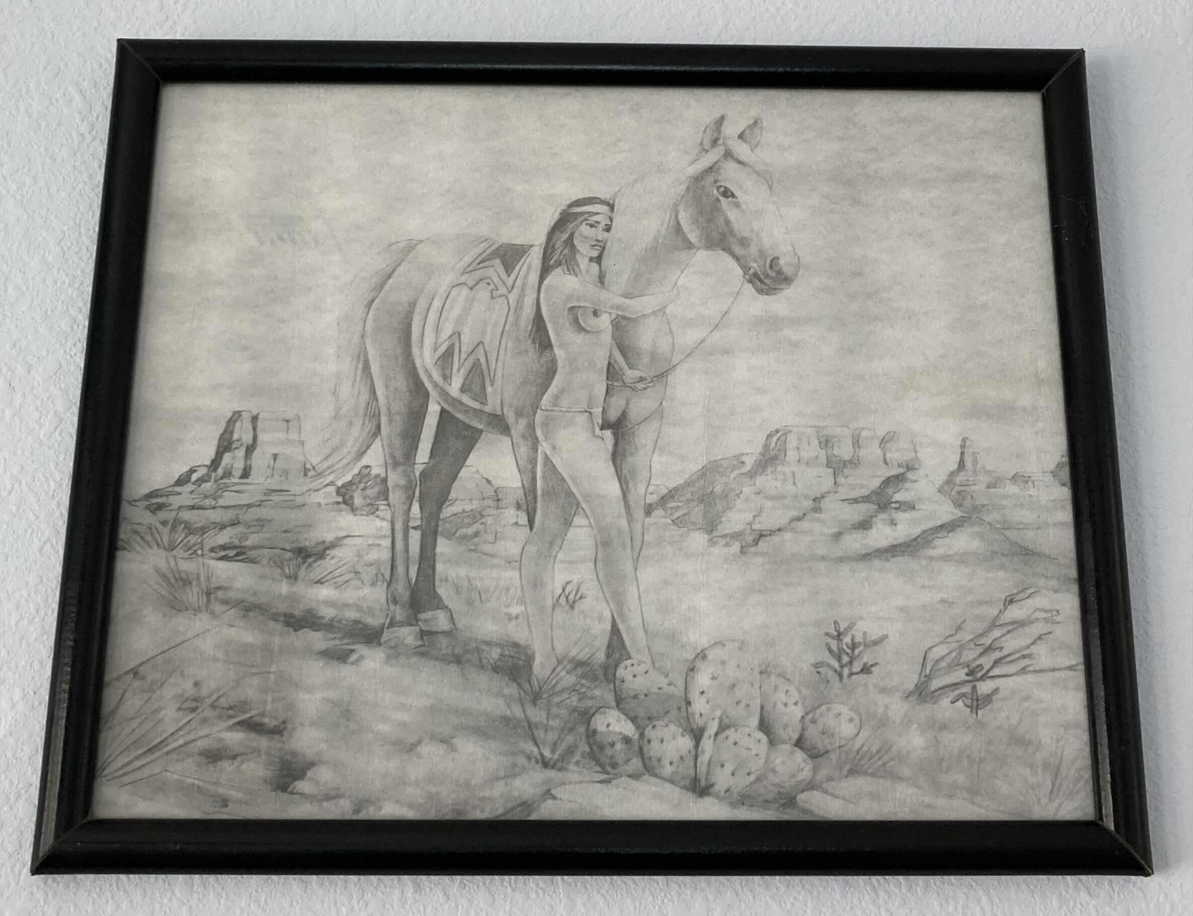 View 1 of NUDE NATIVE AMERICAN WOMAN WALKING HORSE SKETCHED FRAMED ARTWORK 21.5” X 17.5”