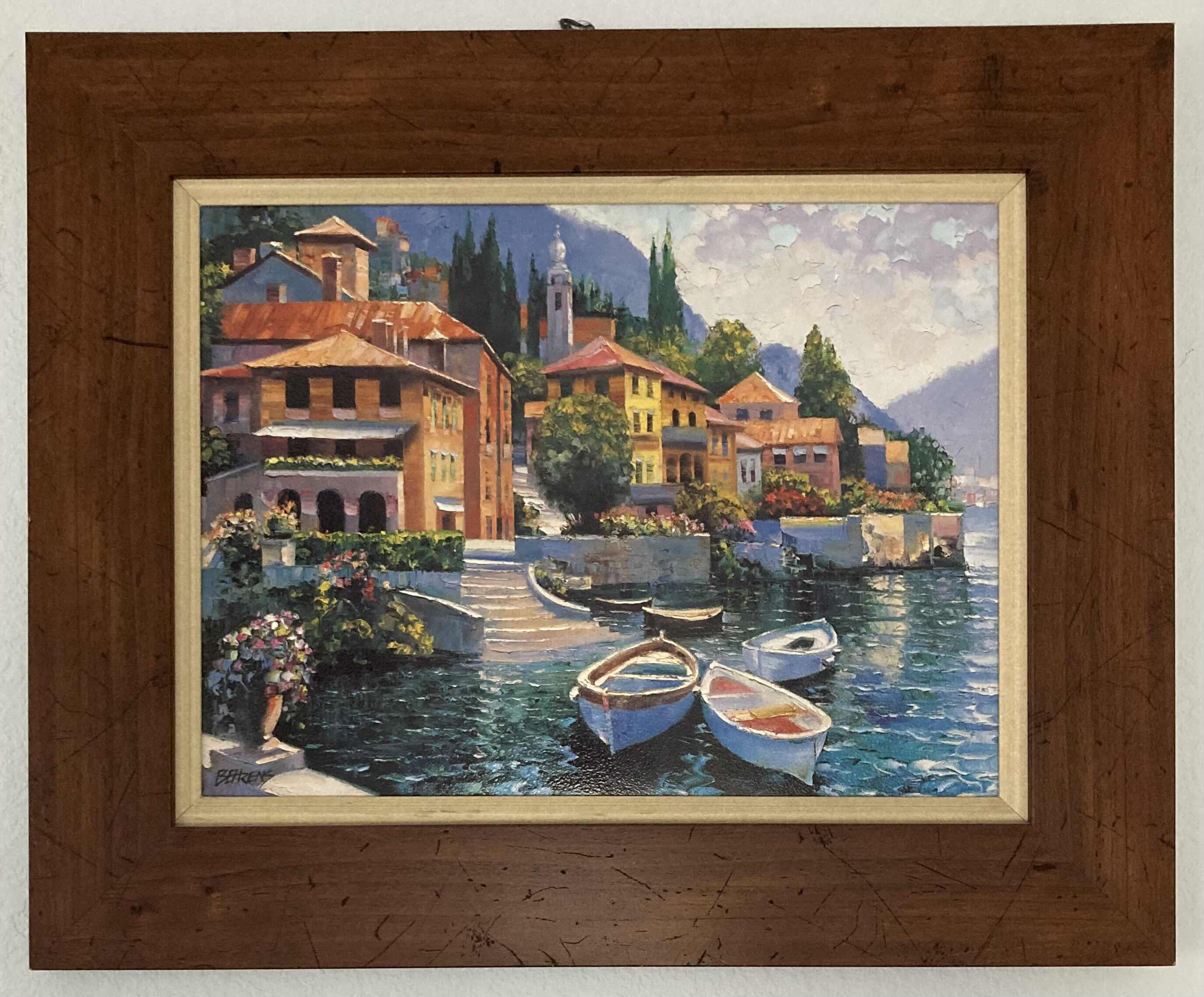 Photo 1 of VILLAGE WATER BUNGALOW PAINTING FRAMED ARTWORK SIGNED BY BEHRENS 22” X 18”