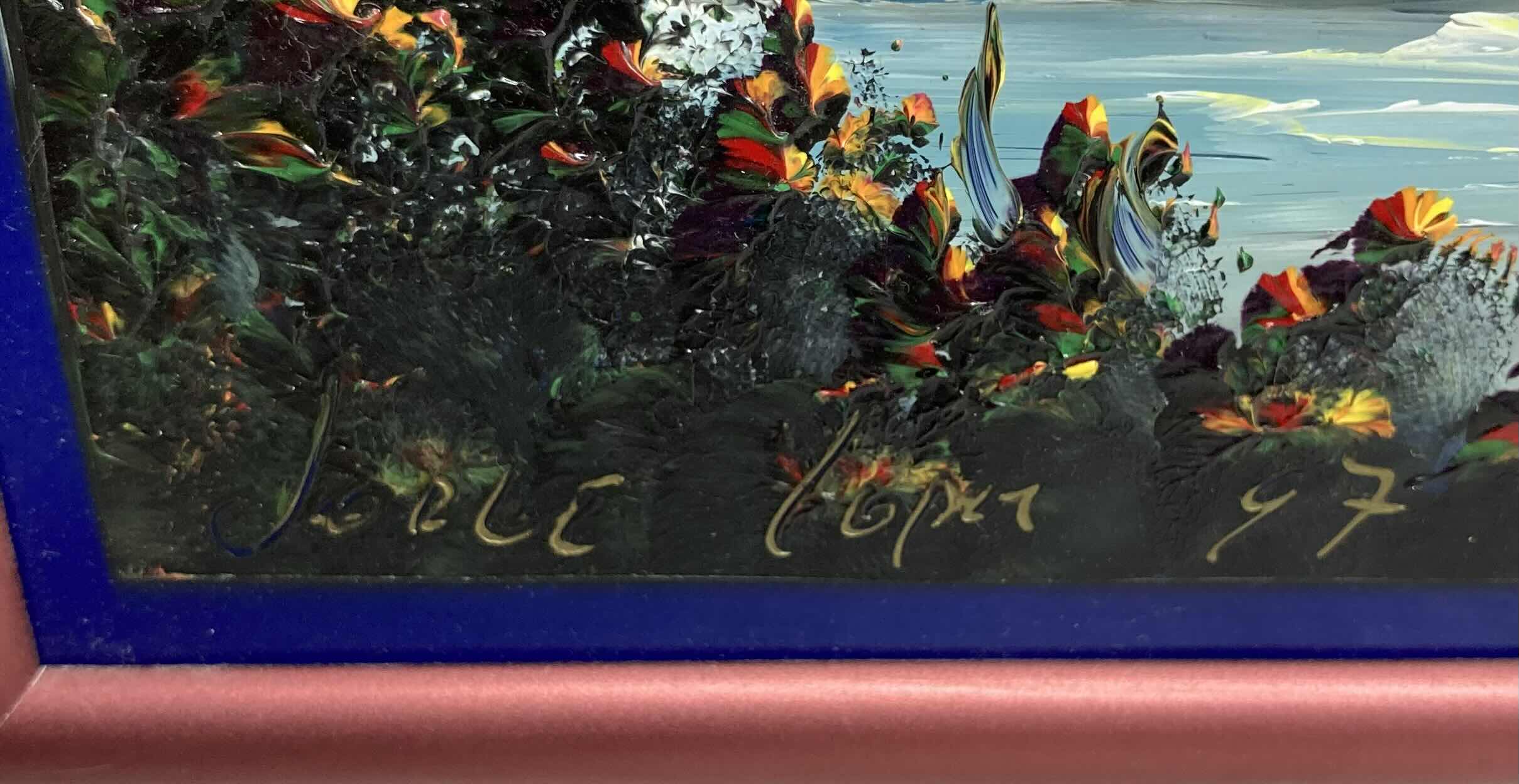 Photo 3 of OCEAN SUNRISE TILE FINGER PAINTING FRAMED ARTWORK SIGNED BY JORGE LOPEZ 8.25” X 8.25”