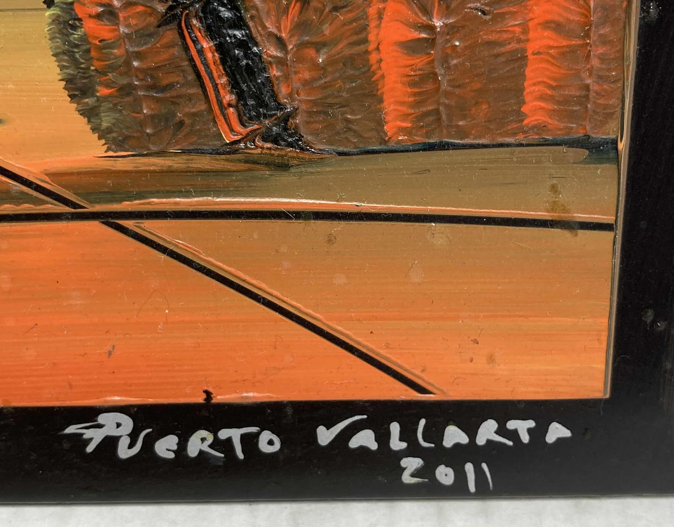 Photo 1 of TROPICAL SUNSET COUPLE TILE FINGER PAINTING PUERTO VALLARTA SIGNED BY ARTIST 2011 8” X 8”