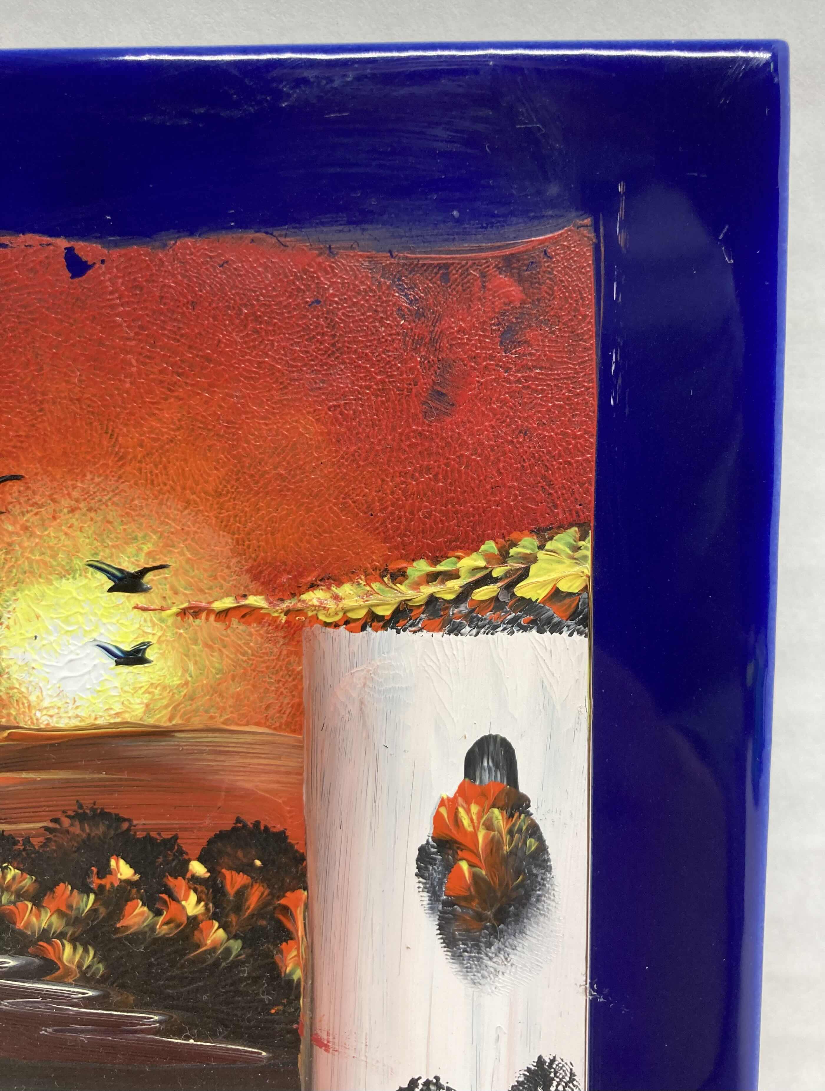 Photo 1 of TROPICAL SUNSET TILE FINGER PAINTING SIGNED BY ARTIST 8” X 8”