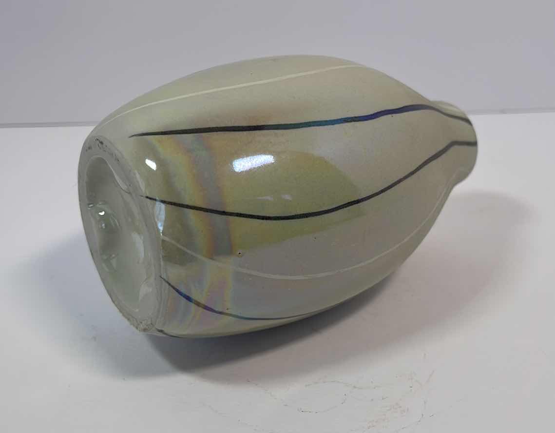 Photo 1 of SAGE GREEN IRIDESCENT SMALL VASE GREENAND WHITE VERTICAL LINES H5”
