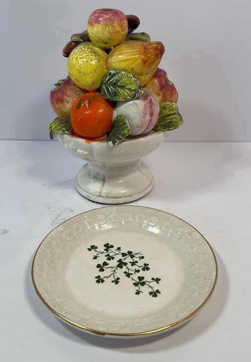 Photo 1 of VINTAGE CERAMIC FIGURAL FRUIT DISH/BOWL TOPIARY H6”WITH CARRIGDHOUN IRISH SHAMROCK POTTERY DISH 4.5”