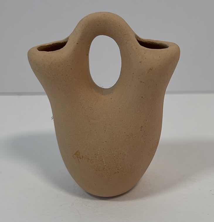 Photo 2 of NATIVE AMERICAN CERAMIC WEDDING VASE MINIATURE HAND PAINTED WITH FEATHER AND TURQUOISE H2.25”