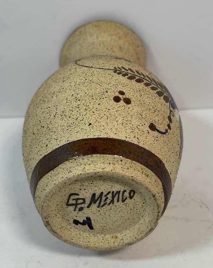 Photo 4 of TONALA MEXICAN FOLK ART POTTERY VASE WITH HAND PAINTED BLUE FLOWER 6”