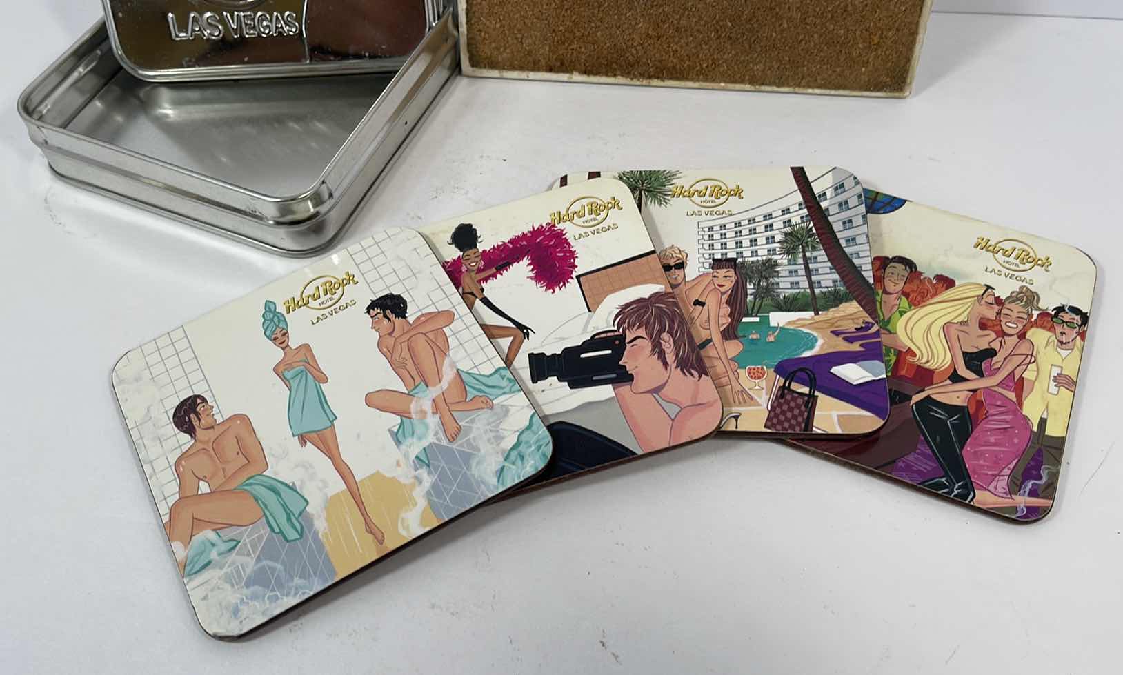 Photo 1 of HARD ROCK HOTEL LAS VEGAS VINTAGE COASTERS WITH TIN H3.75” & OLD LAS VEGAS GRAPHIC WALL HANG TILE H6”