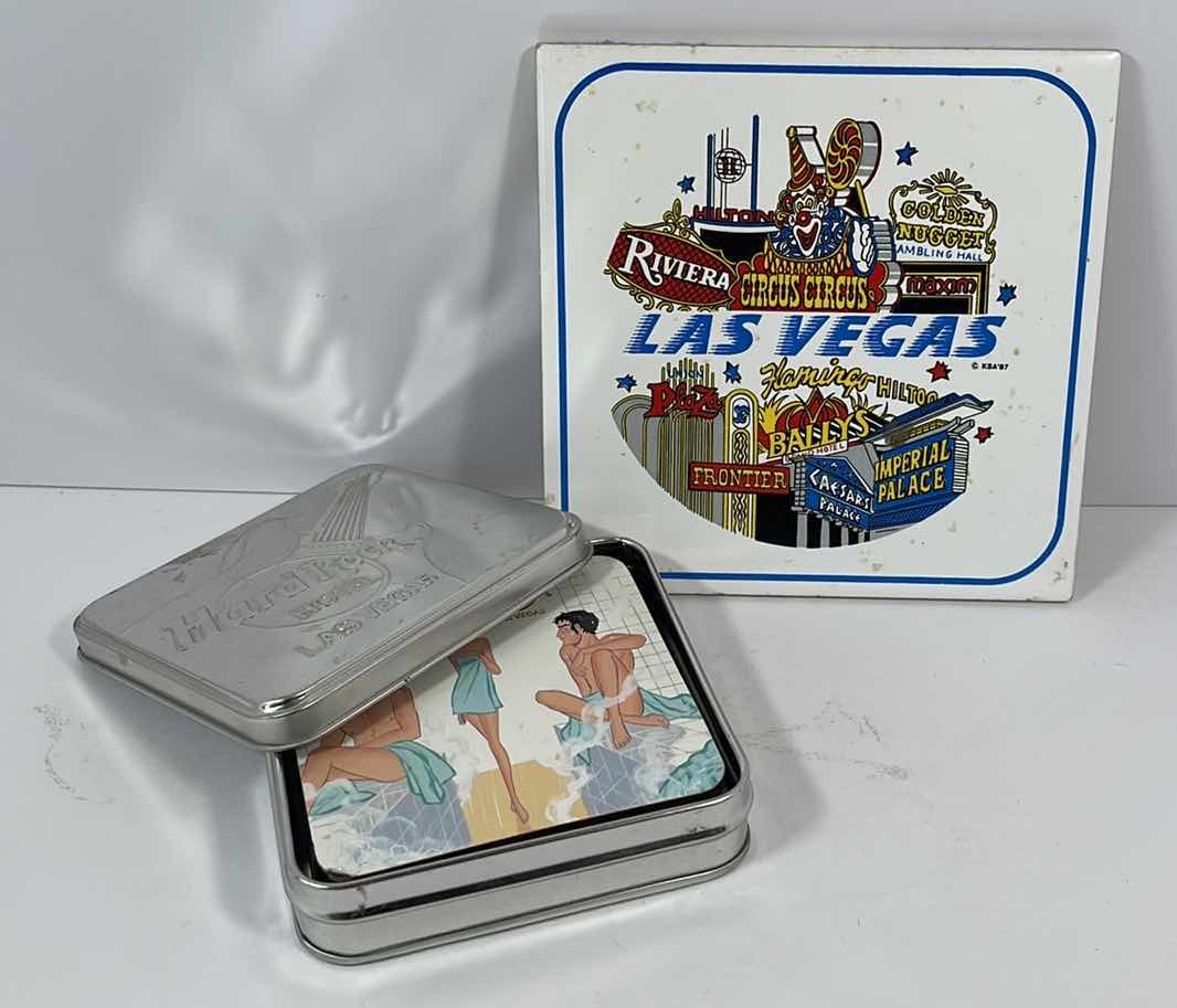 Photo 1 of HARD ROCK HOTEL LAS VEGAS VINTAGE COASTERS WITH TIN H3.75” & OLD LAS VEGAS GRAPHIC WALL HANG TILE H6”