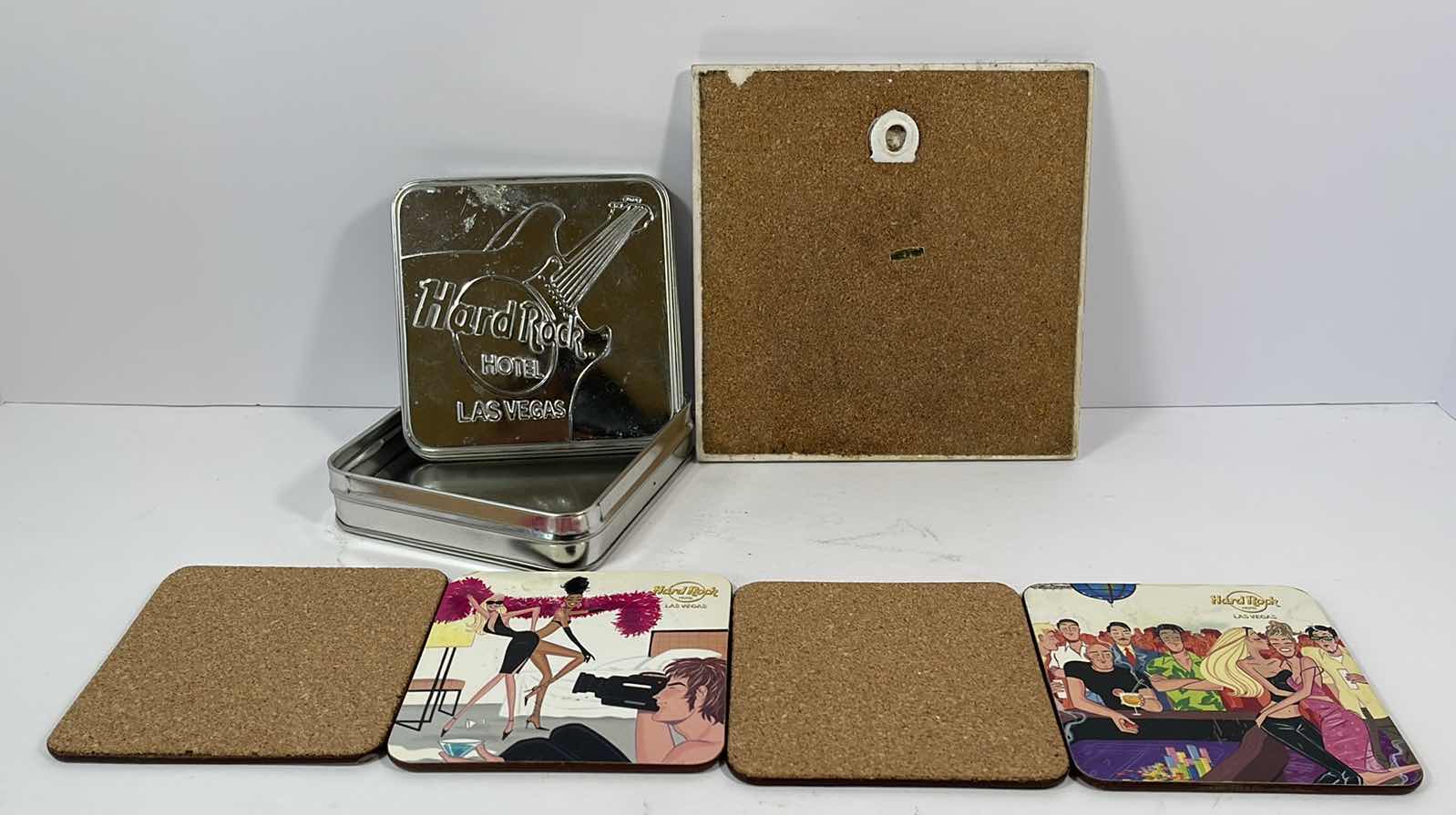 Photo 1 of HARD ROCK HOTEL LAS VEGAS VINTAGE COASTERS WITH TIN H3.75” & OLD LAS VEGAS GRAPHIC WALL HANG TILE H6”