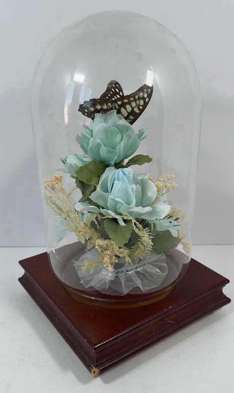 Photo 1 of BUTTERLY DISPLAY WITH GLASS COVER ON WOODEN STAND ARTIFICIAL PLANTS H9”