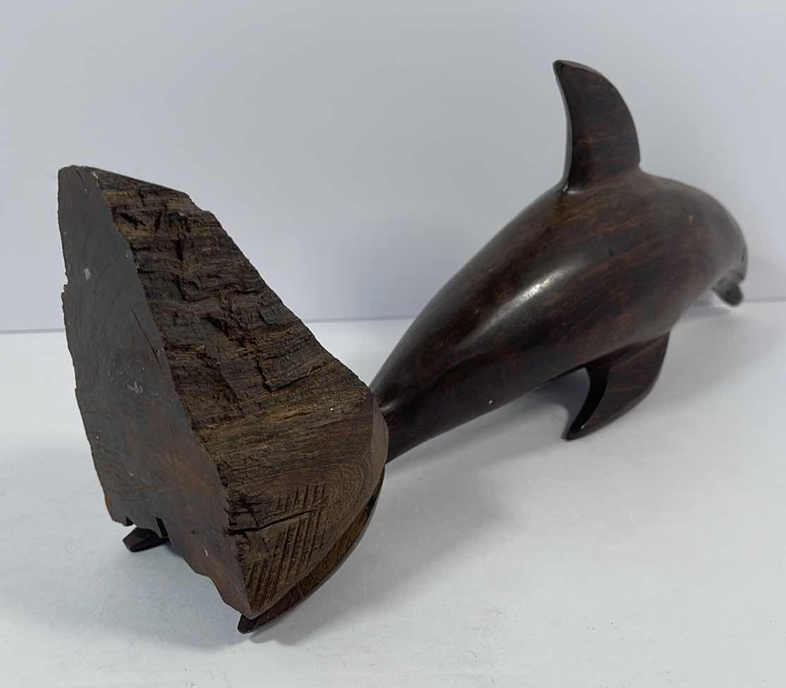 Photo 1 of HAND CARVED WOODEN DOLPHIN FIGURINE STATUE H11.5” 