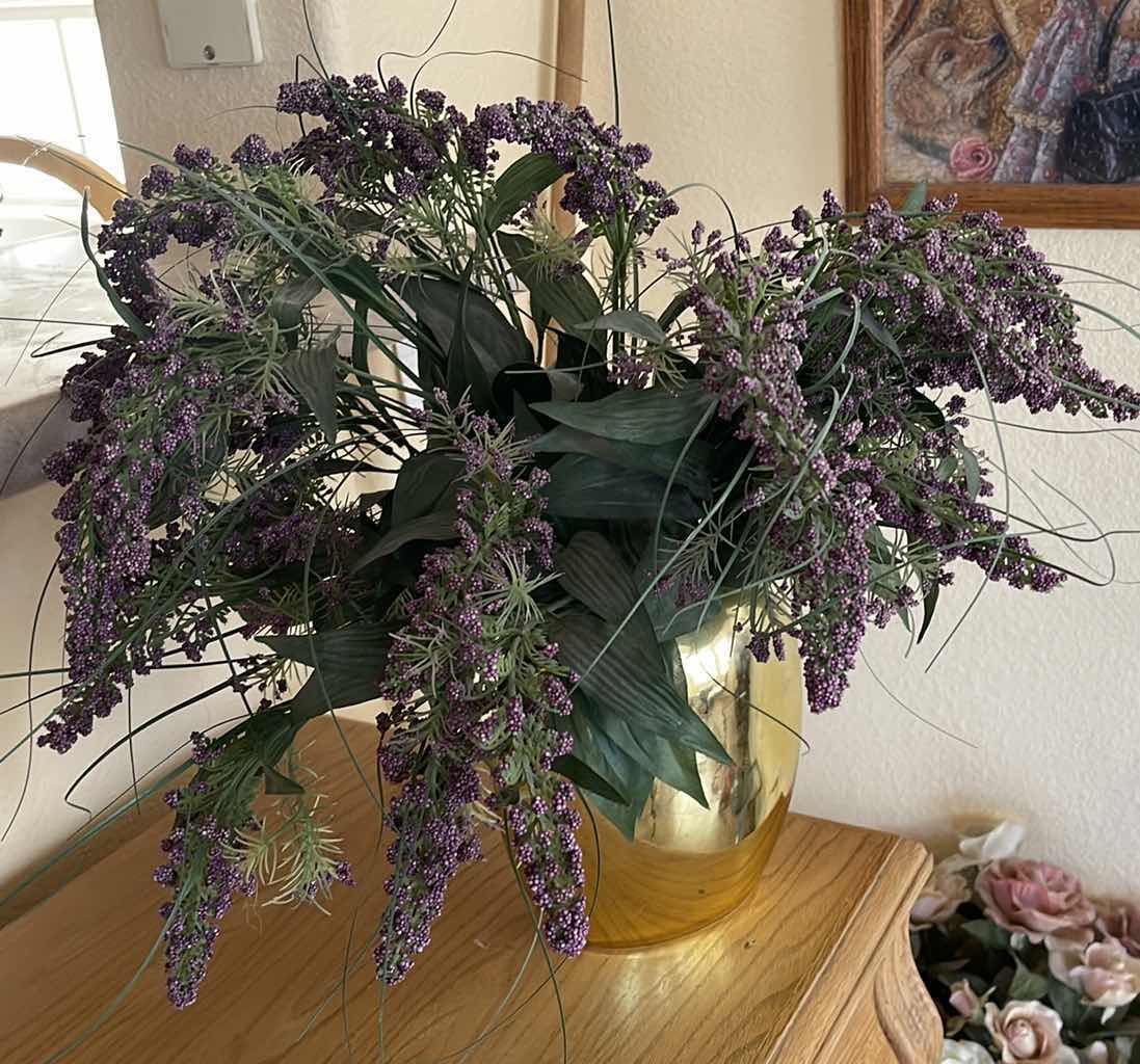 Photo 1 of ARTIFICIAL PLANT IN HEAVY GOLD TONED VASE MADE IN JAPAN H18”