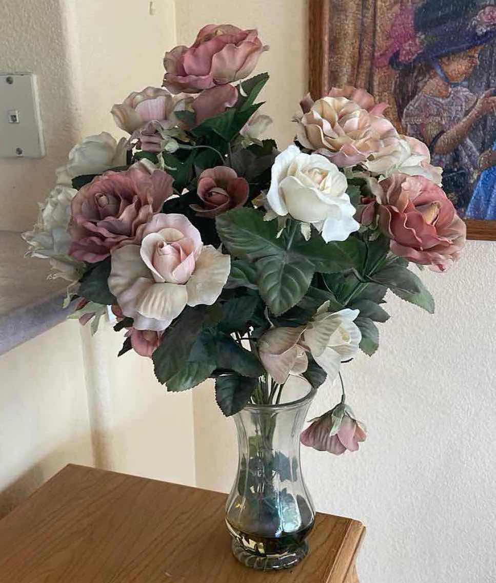 Photo 1 of ARTIFICIAL ROSES IN GLASS VASE H24”
