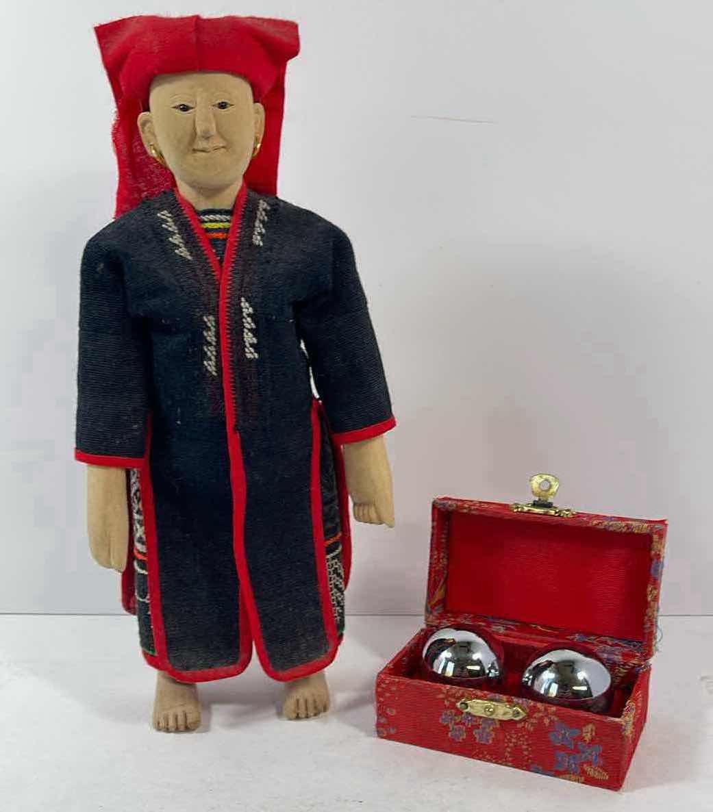 Photo 1 of VINTAGE CHINESE WOODEN DOLL H10” & CHROME STREES RELIEF MUSICAL BALLS H1.25”