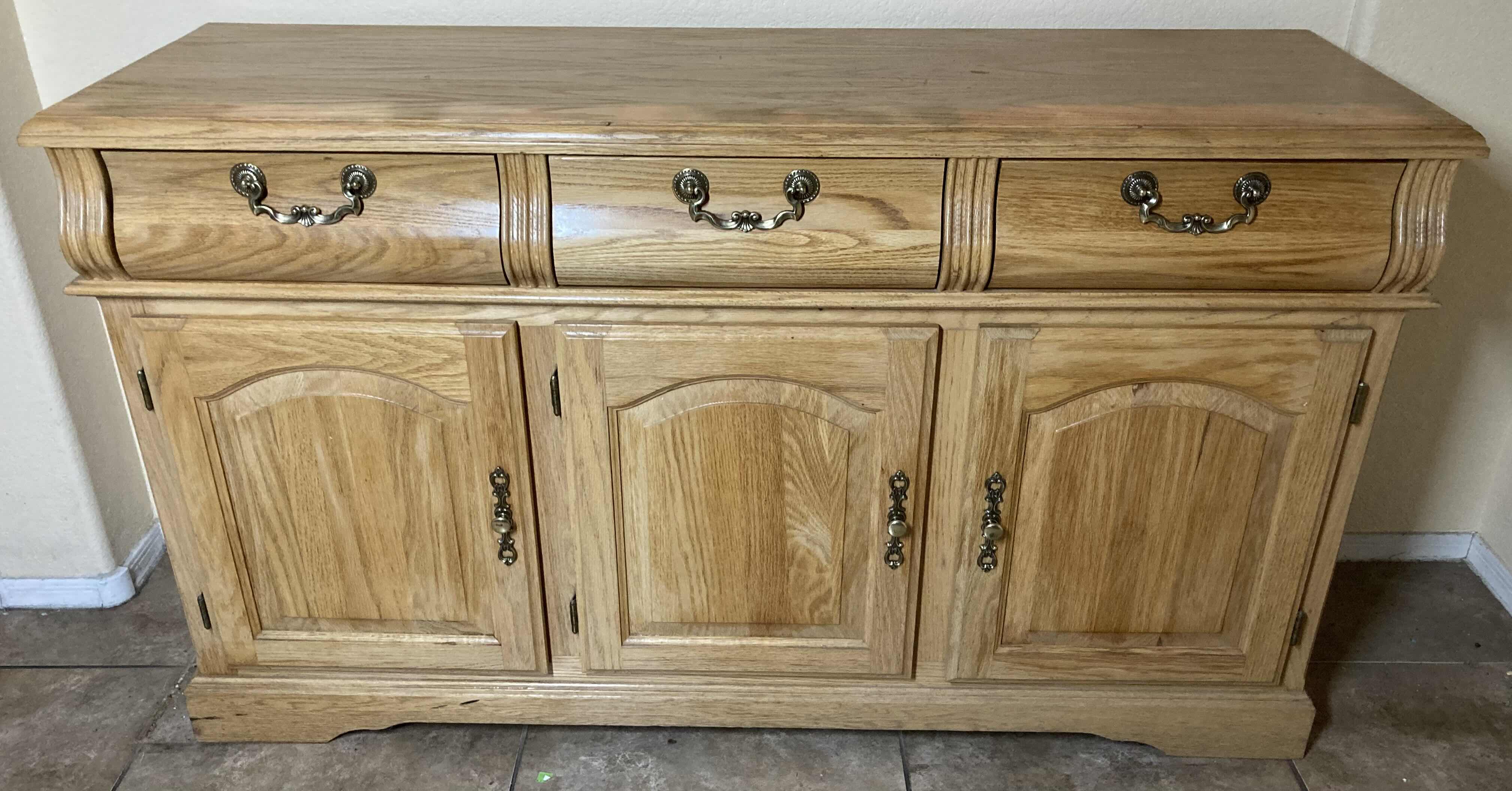 Photo 1 of PACIFIC FRAMES IND. OAK BUFFET TABLE 58” X 18 H33.5