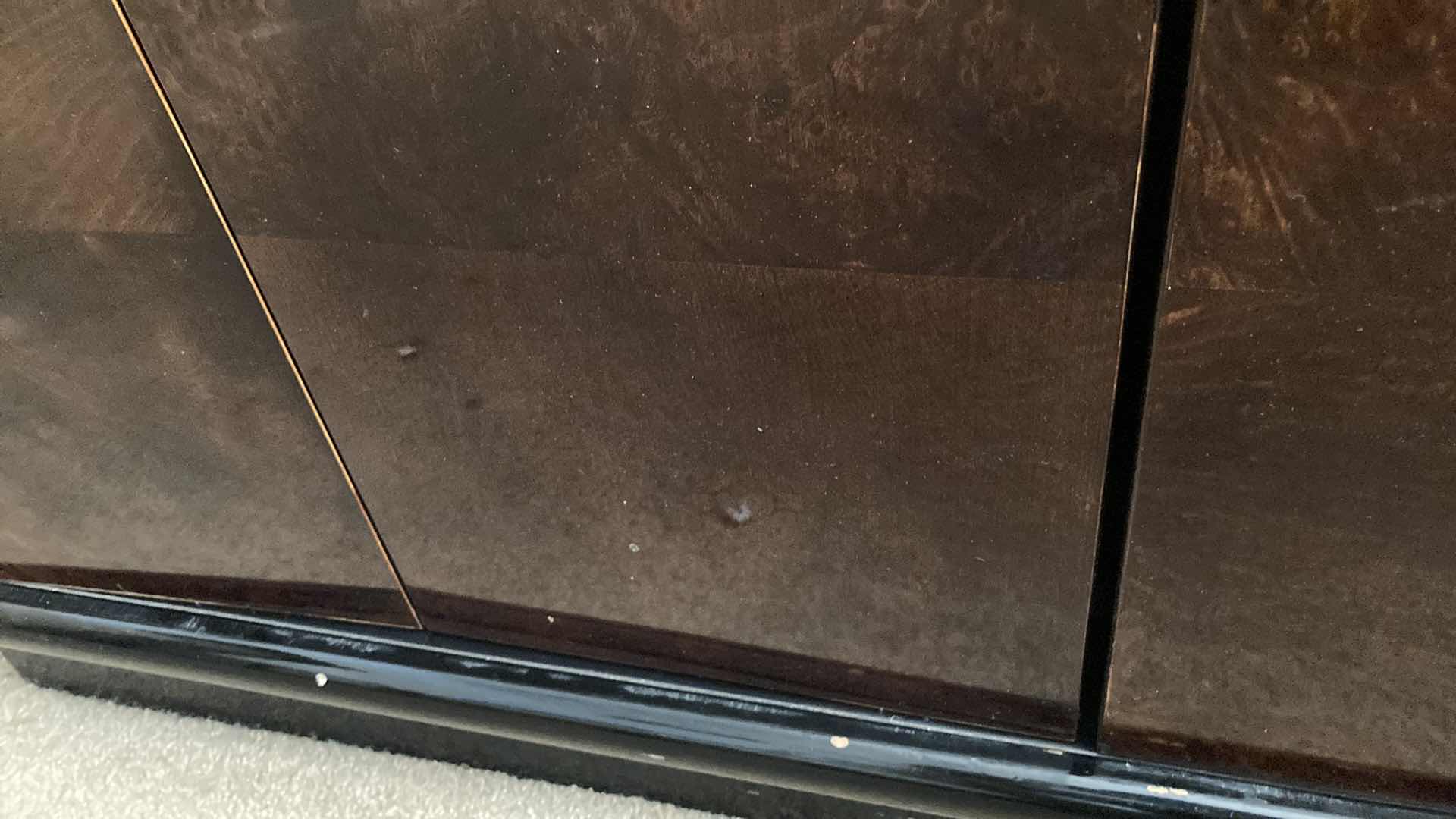 Photo 11 of SCENE THREE HENREDON GLOSSY BLACK & MYRTLE BURL VENEER FINISH ENTERTAINMENT CABINET W INTEGRATED POWER STRIP 40” X 20” 71.25” (READ NOTES)