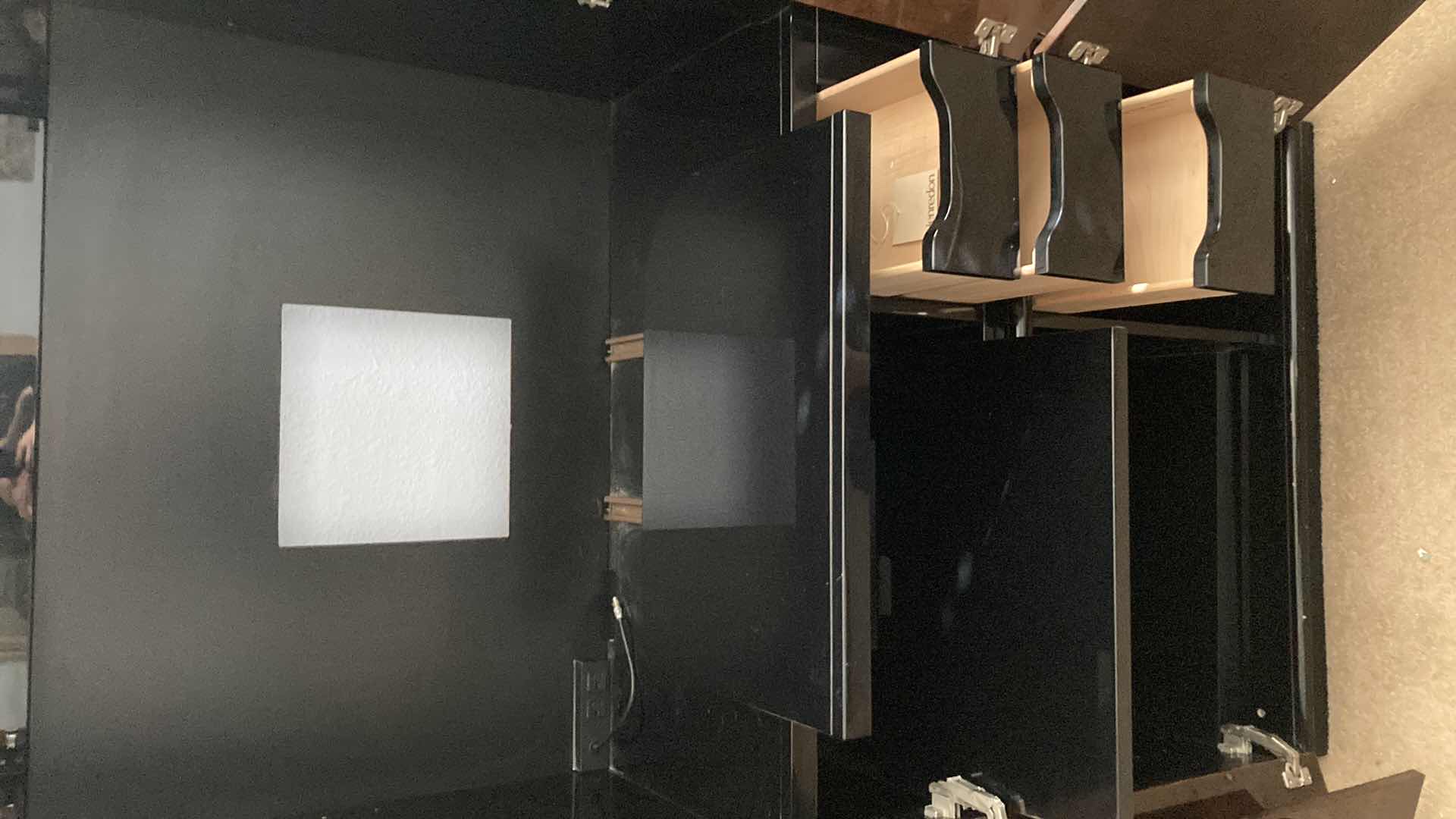 Photo 5 of SCENE THREE HENREDON GLOSSY BLACK & MYRTLE BURL VENEER FINISH ENTERTAINMENT CABINET W INTEGRATED POWER STRIP 40” X 20” 71.25” (READ NOTES)