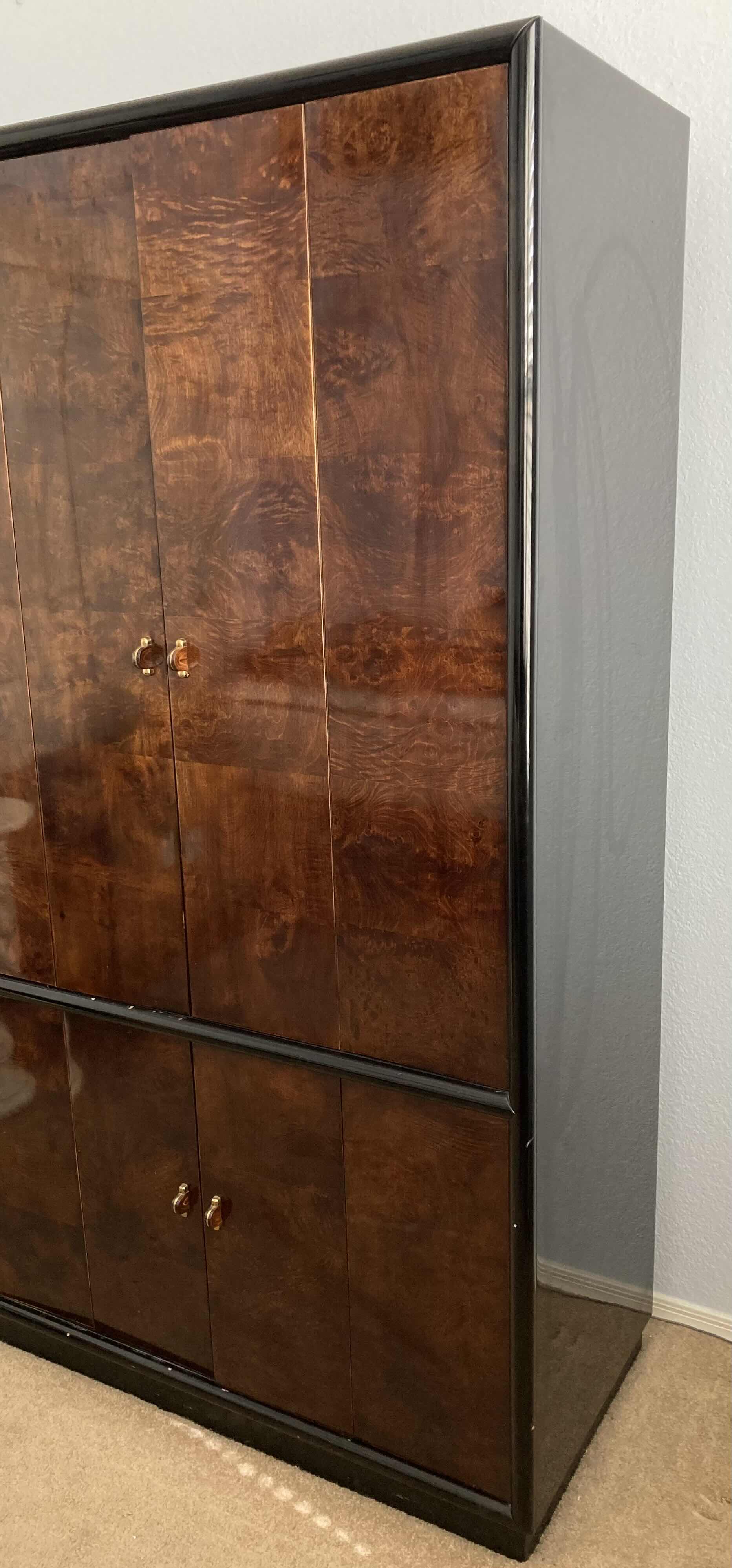 Photo 1 of SCENE THREE HENREDON GLOSSY BLACK & MYRTLE BURL VENEER FINISH ENTERTAINMENT CABINET W INTEGRATED POWER STRIP 40” X 20” 71.25” (READ NOTES)