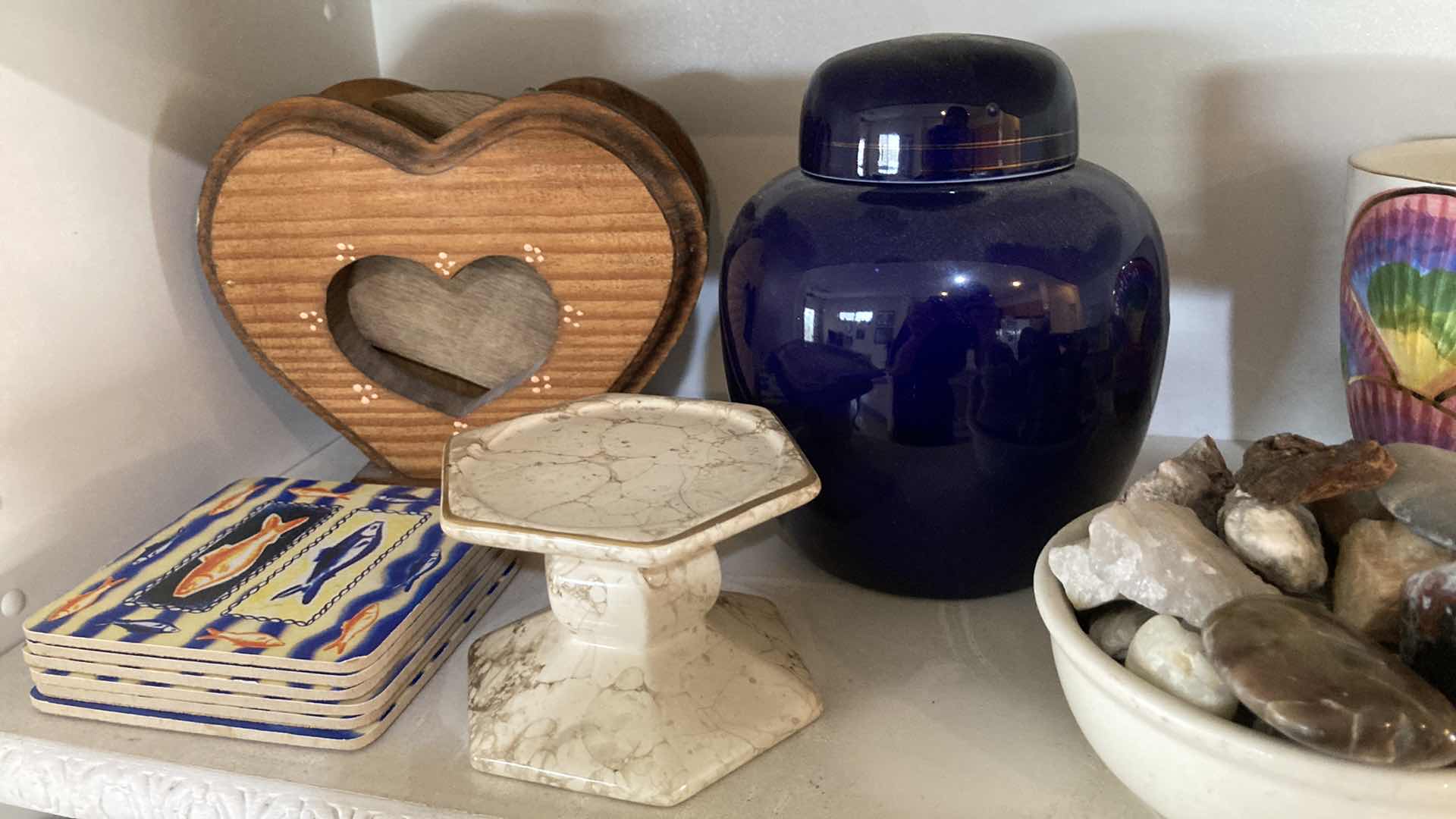 Photo 1 of CONTENTS OF SHELF- COASTERS, JARS, DECOR & POLISHED ROCKS