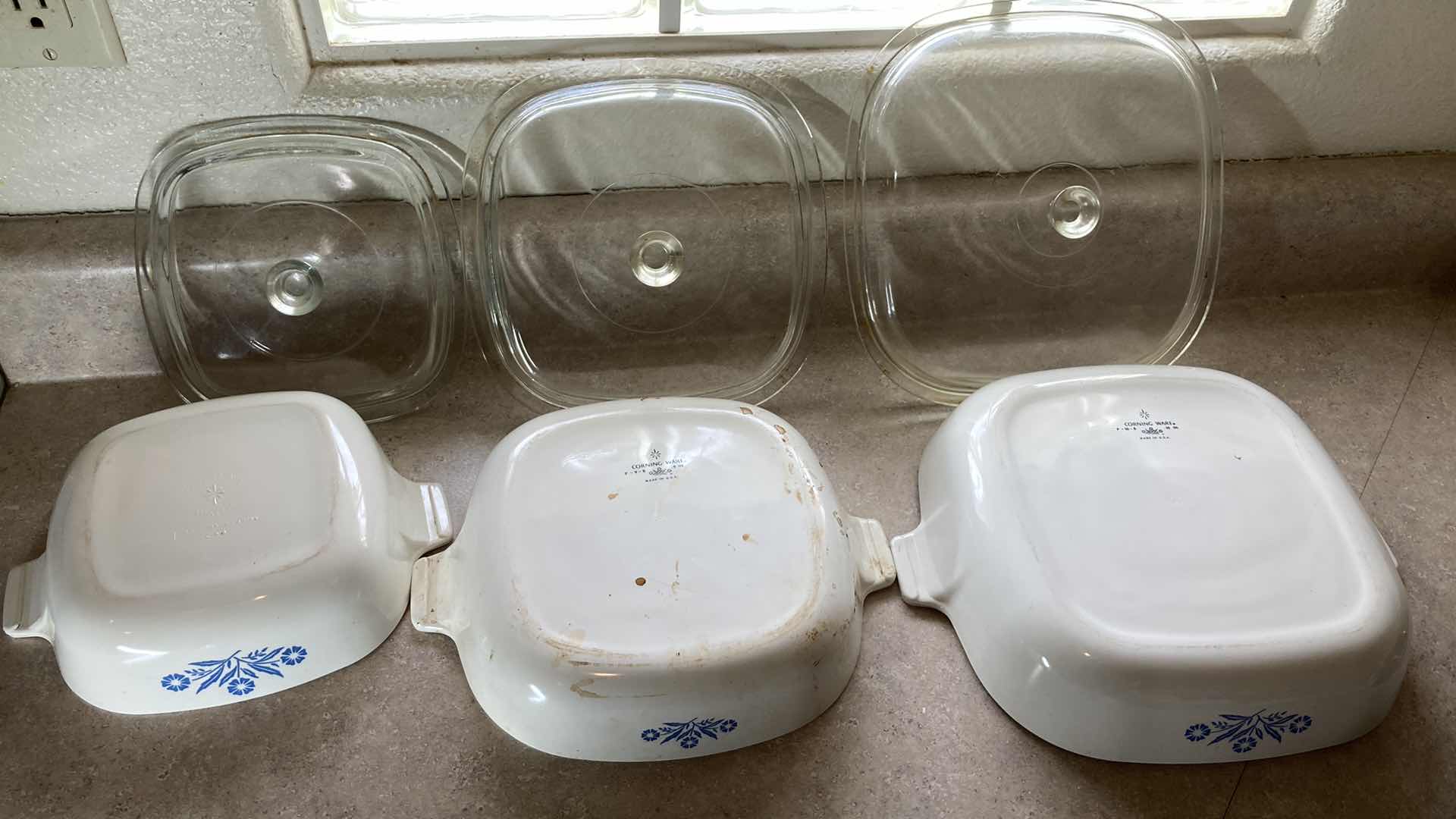 Photo 1 of CORNINGWARE BLUE CORN FLOWER 10” SKILLET W 3 CASSEROLE DISHES