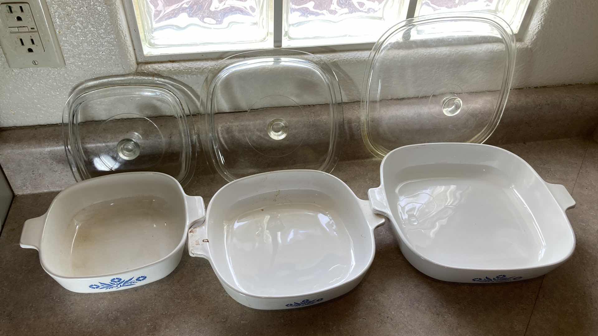 Photo 1 of CORNINGWARE BLUE CORN FLOWER 10” SKILLET W 3 CASSEROLE DISHES