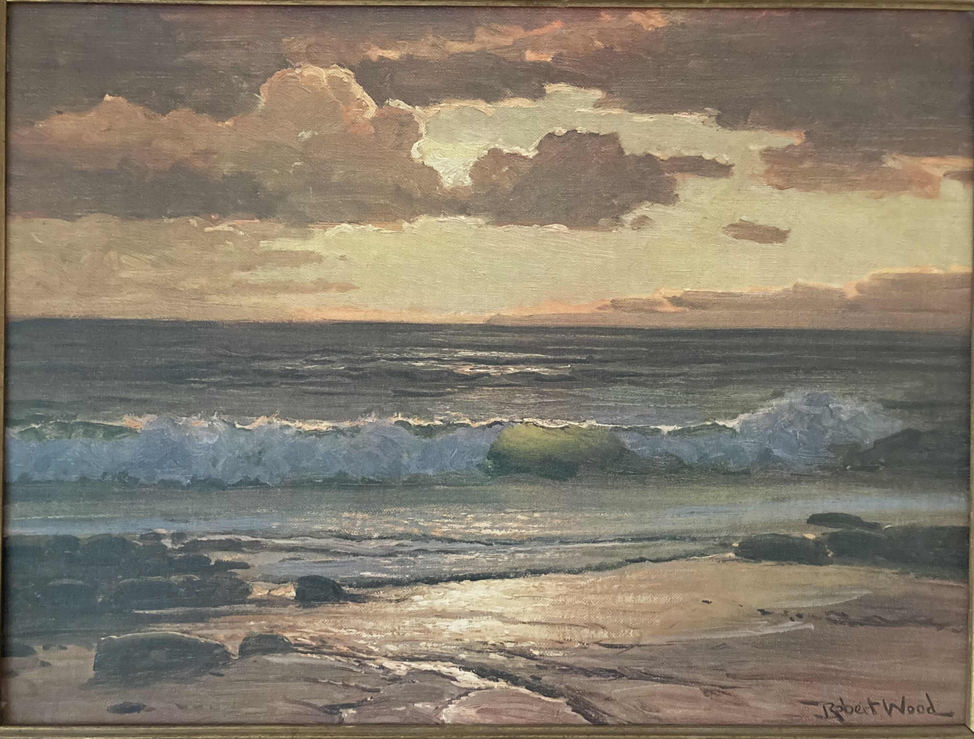 Photo 1 of OCEAN AT SUNRISE FRAMED CANVAS ARTWORK SIGNED BY ROBERT WOOD 29” X 23”