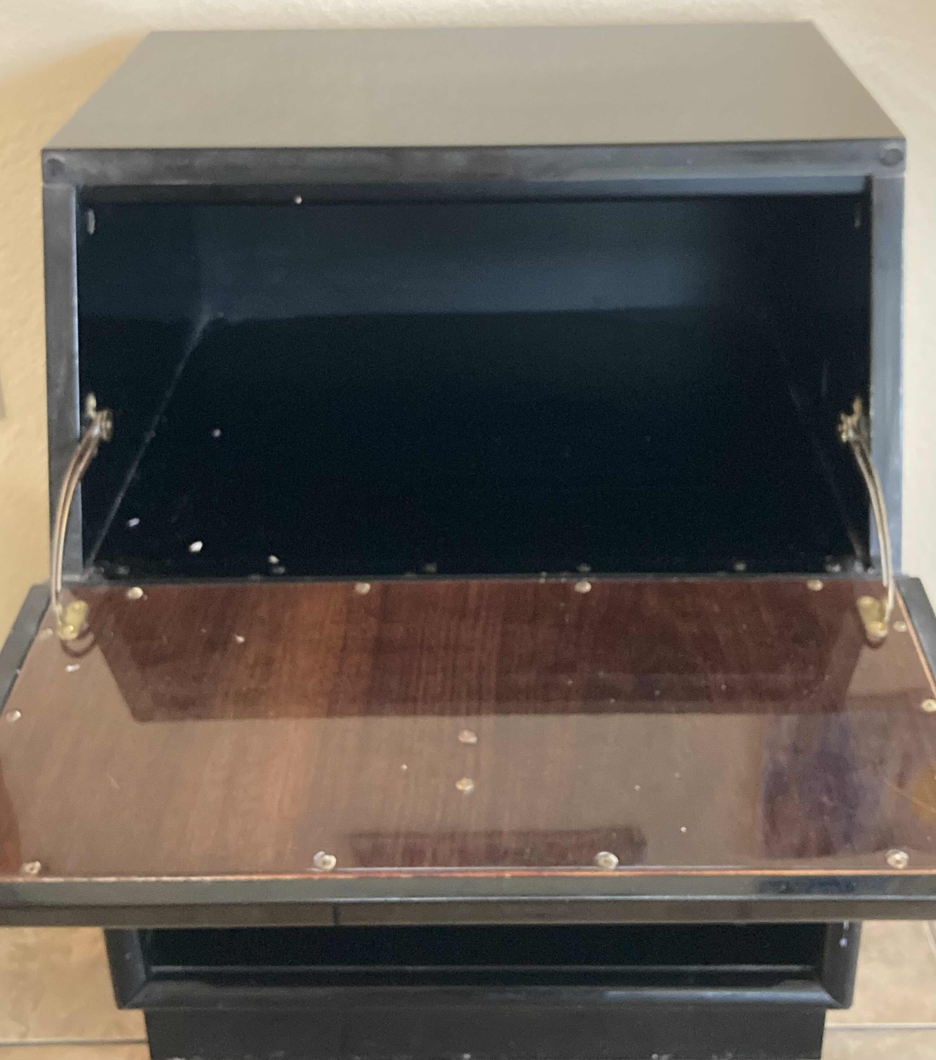 Photo 1 of SCENE THREE HENREDON GLOSSY BLACK & MYRTLE BURL VENEER FINISH CABINET W INTEGRATED POWER STRIP 22” X 19.5” H28.5”