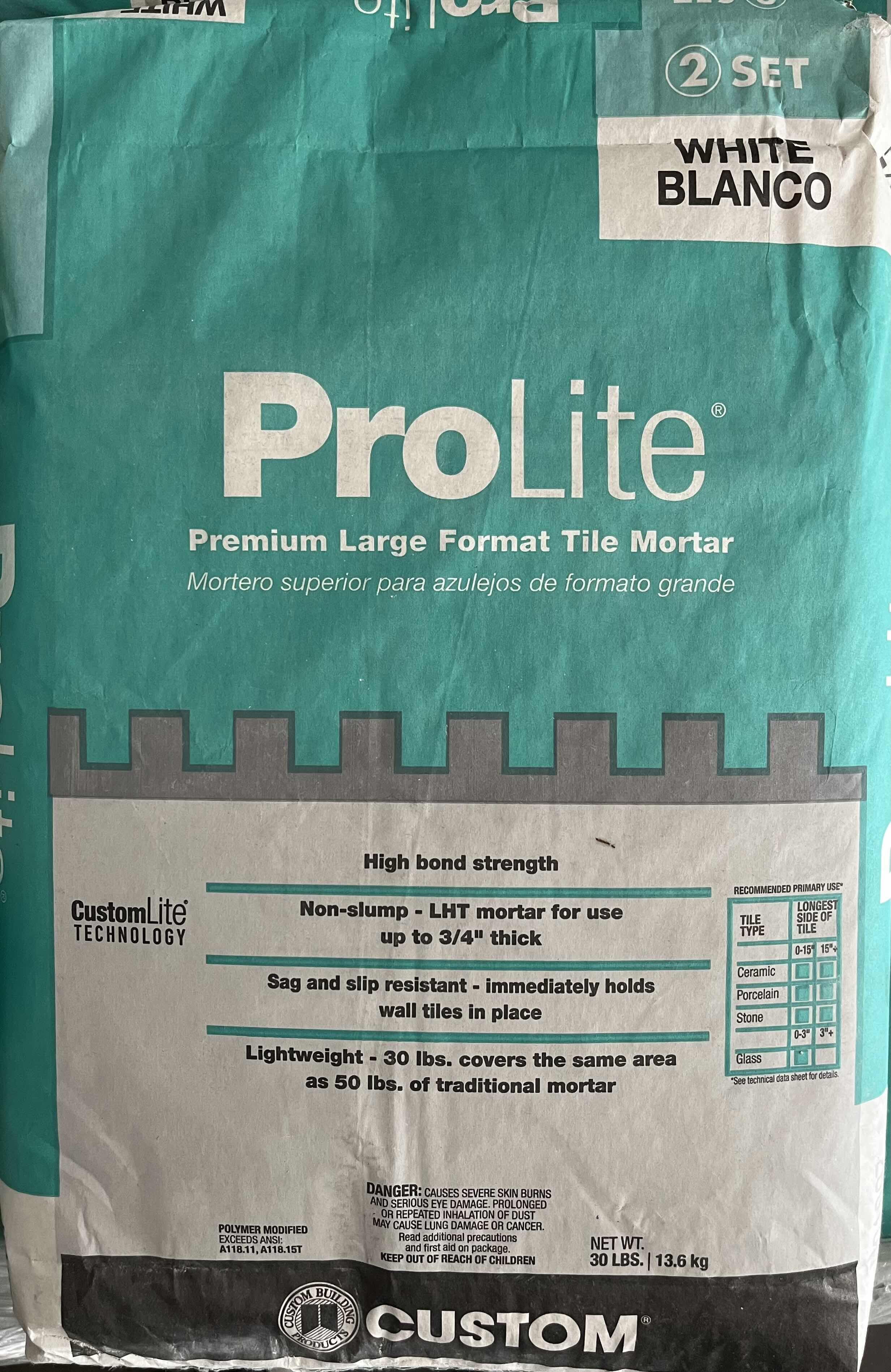Photo 1 of PROLITE PREMIUM LARGE FORMAT HIGH BOND STRENGTH WHITE TILE MORTAR 30lb BAG (READ NOTES)