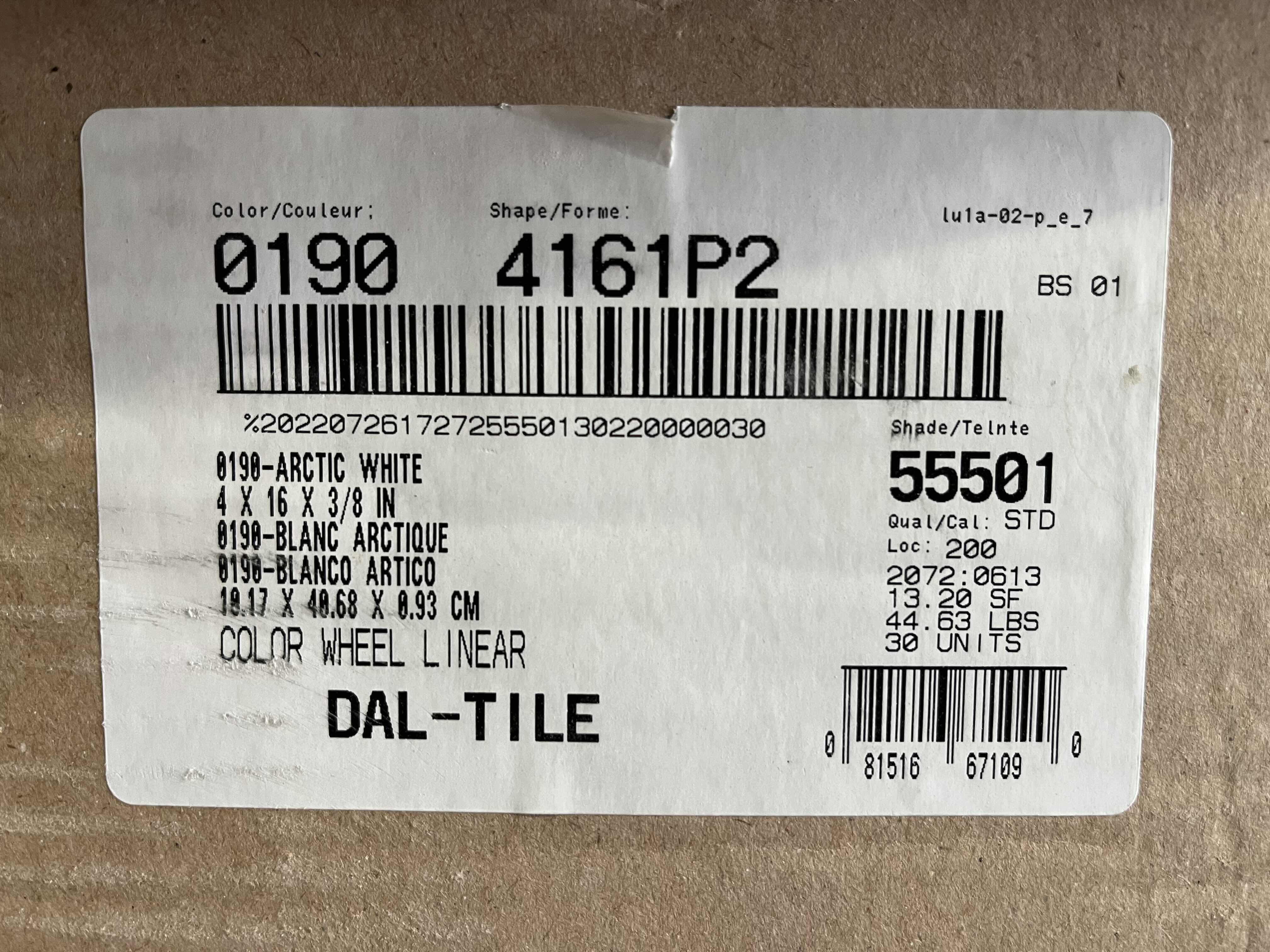 Photo 1 of DAL-TILE ARCTIC WHITE FINISH POLISHED CERAMIC WALL TILE 4” X 16” (13.2SQFT PER CASE/21CASES APPROX. 277.2SQFT TOTAL) READ NOTES