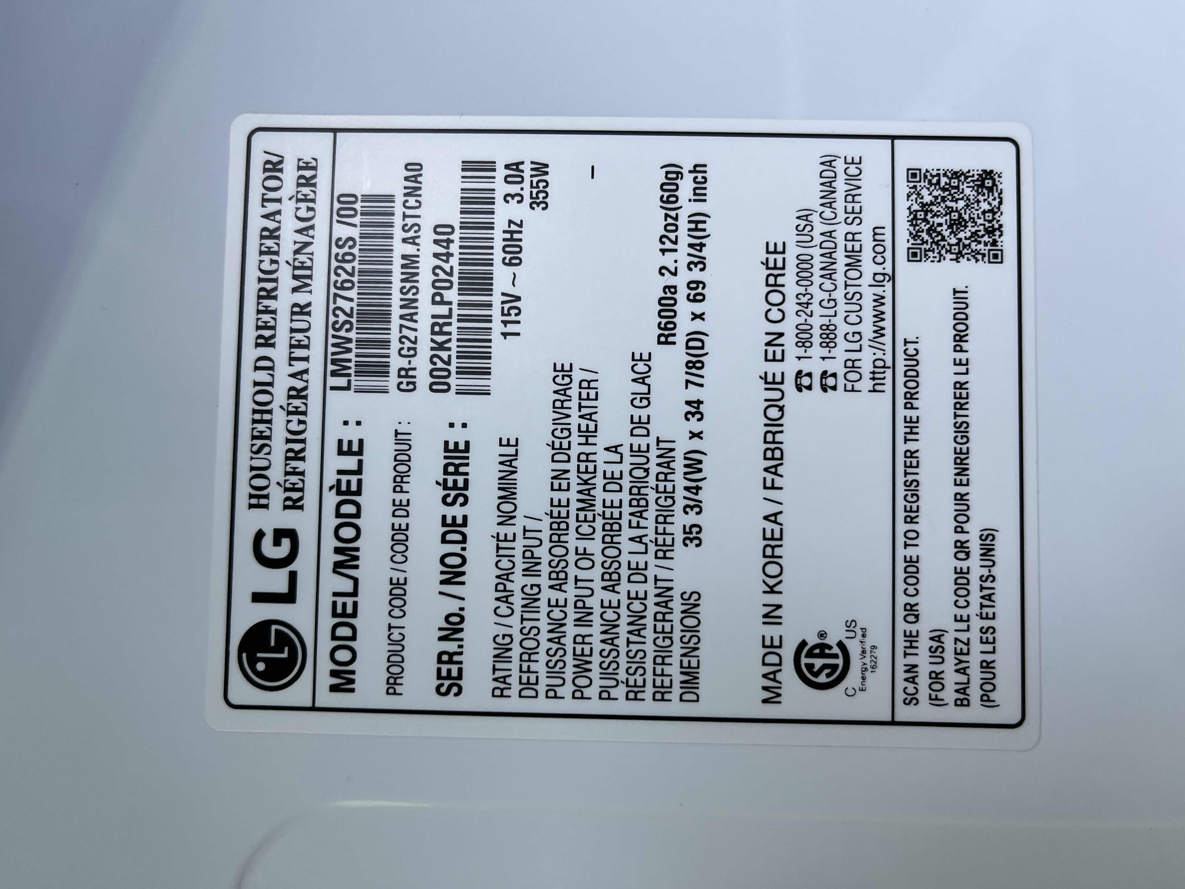 Photo 1 of LG INVERTER LINEAR REFRIGERATOR MODEL LMWS27626S/00