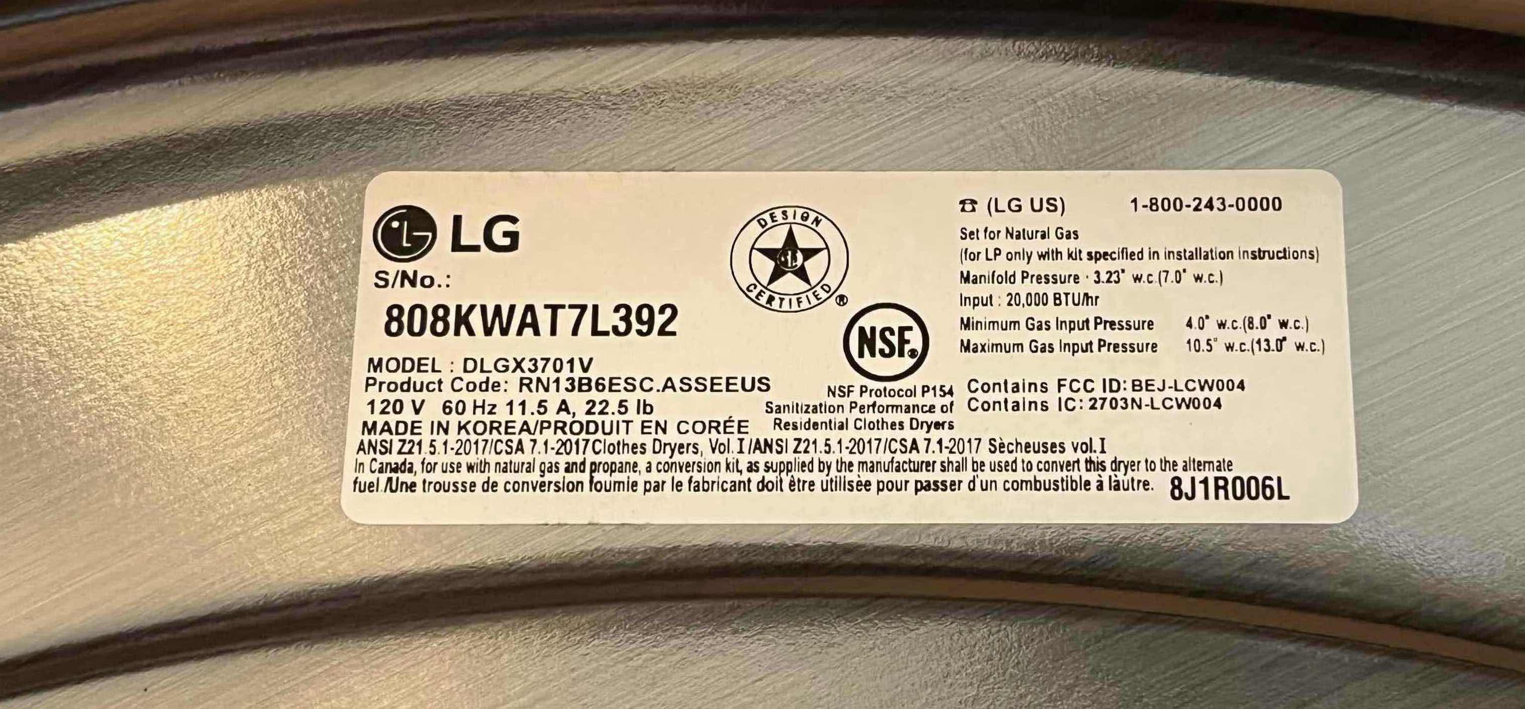 Photo 5 of LG SENSOR DRY GAS DRYER MODEL DLGX3701V