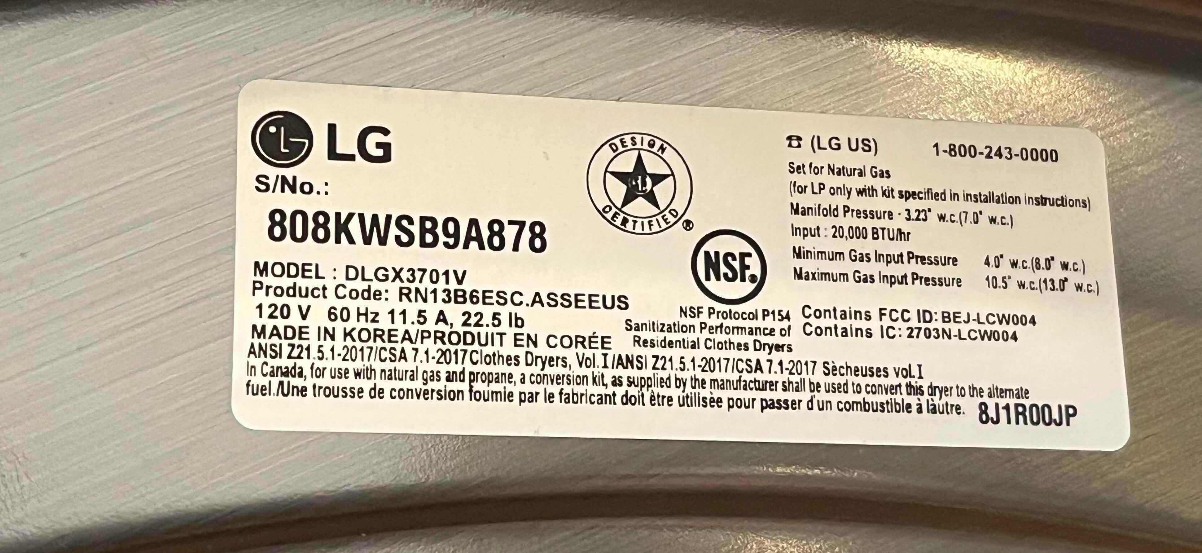 Photo 1 of LG SENSOR DRY GAS DRYER MODEL DLGX3701V