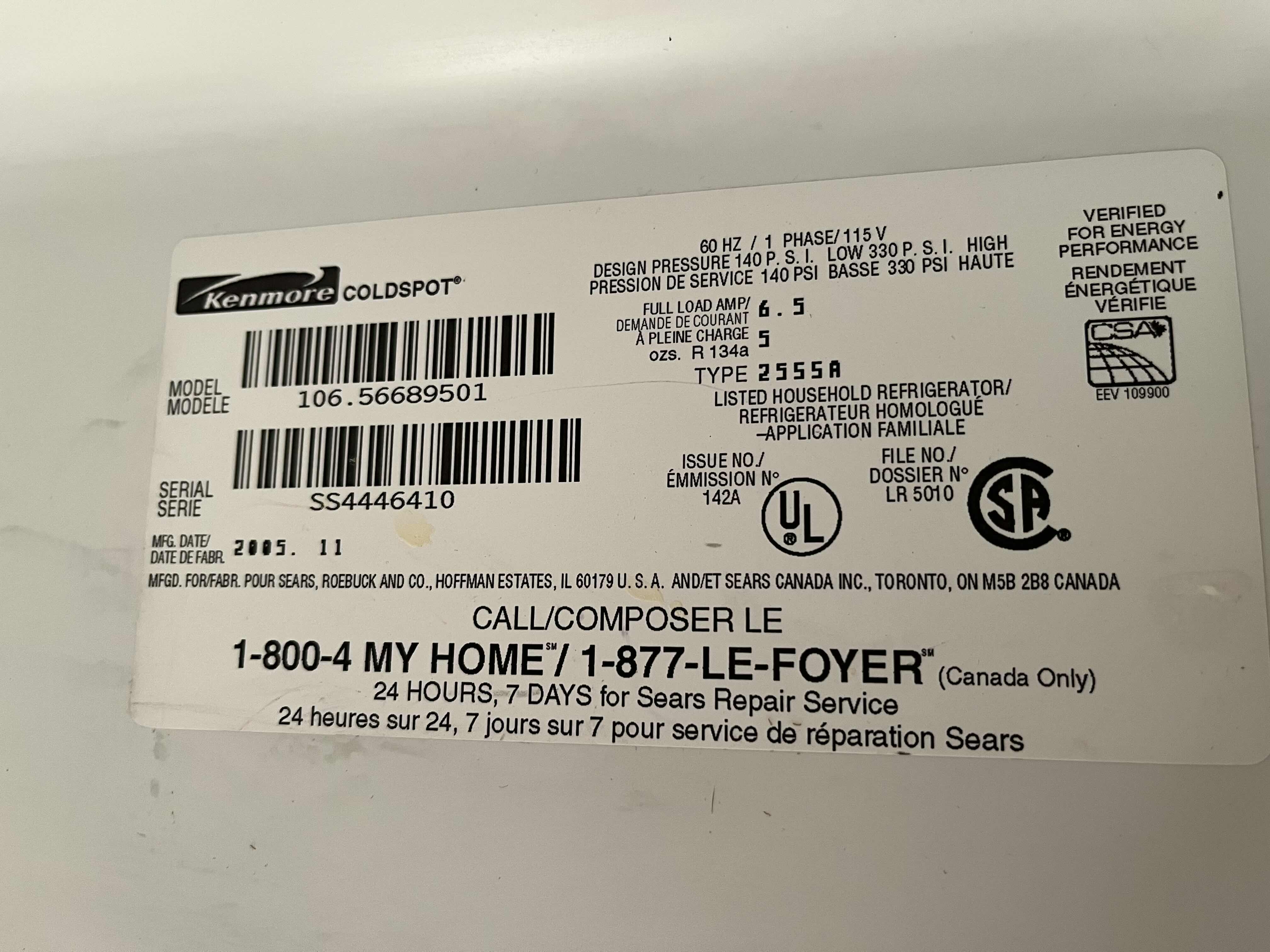 Photo 1 of KENMORE ELITE BLACK SIDE BY SIDE REFRIGERATOR MODEL 106.56689501