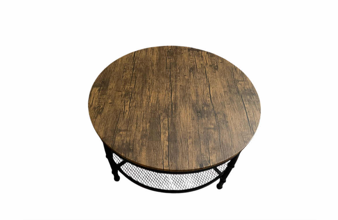 Photo 3 of FARMHOME INDUSTRIAL WOOD FINISH BLACK STEEL BASE ROUND COFFEE TABLE 35.5” X 18”