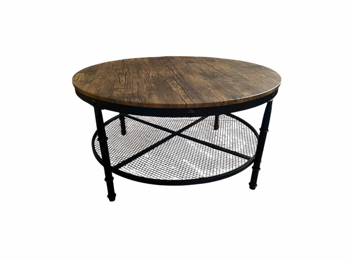 Photo 1 of FARMHOME INDUSTRIAL WOOD FINISH BLACK STEEL BASE ROUND COFFEE TABLE 35.5” X 18”