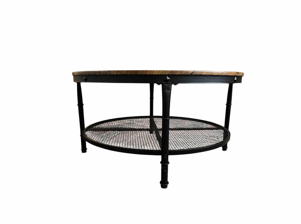 Photo 1 of FARMHOME INDUSTRIAL WOOD FINISH BLACK STEEL BASE ROUND COFFEE TABLE 35.5” X 18”