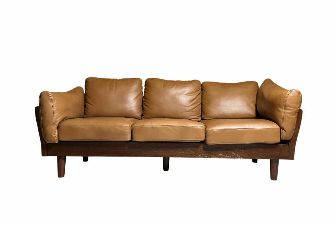 Photo 1 of HULALA HOME BROWN LEATHER WOOD BASE SOFA 84” X 34” H33”