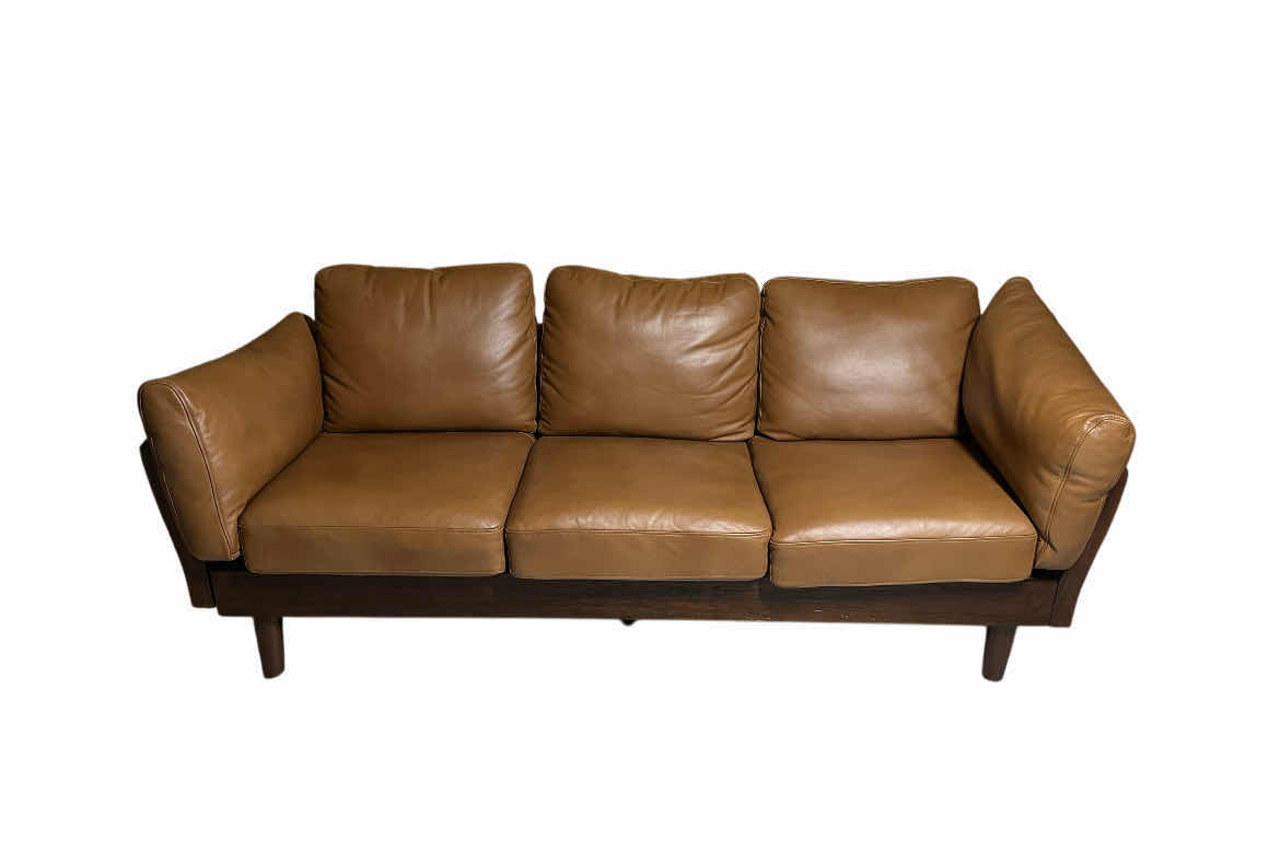 Photo 1 of HULALA HOME BROWN LEATHER WOOD BASE SOFA 84” X 34” H33”