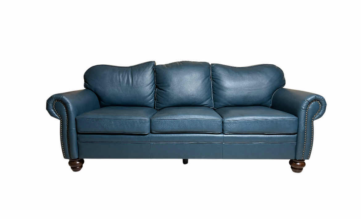 Photo 1 of MACIMO ROLLED ARM NAILHEAD TRIM TURQUOISE LEATHER SOFA 81” X 33” H34”