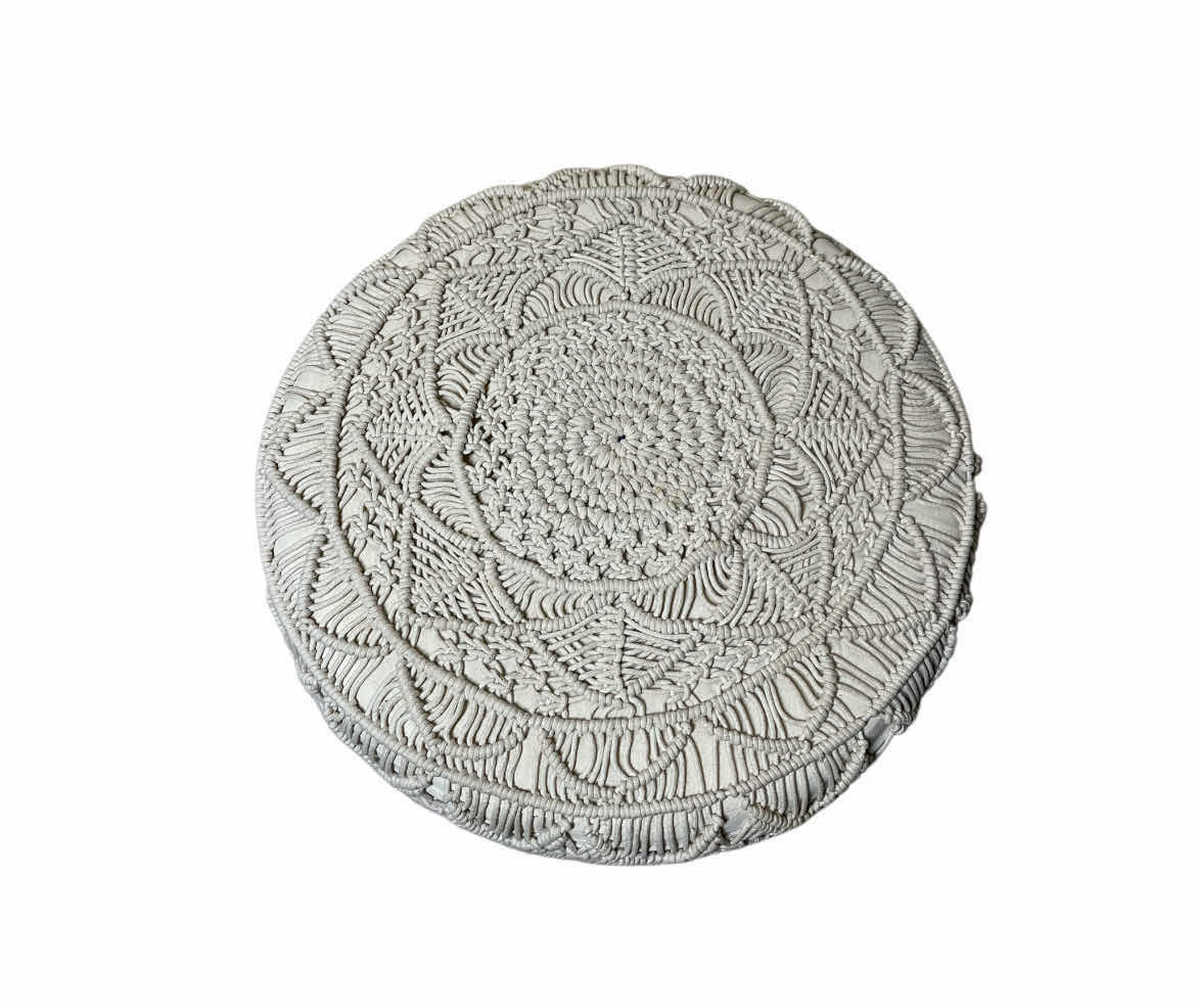 Photo 1 of KOHINOOR EMBROIDERED OFF-WHITE ROUND OTTOMAN 23” X 16”