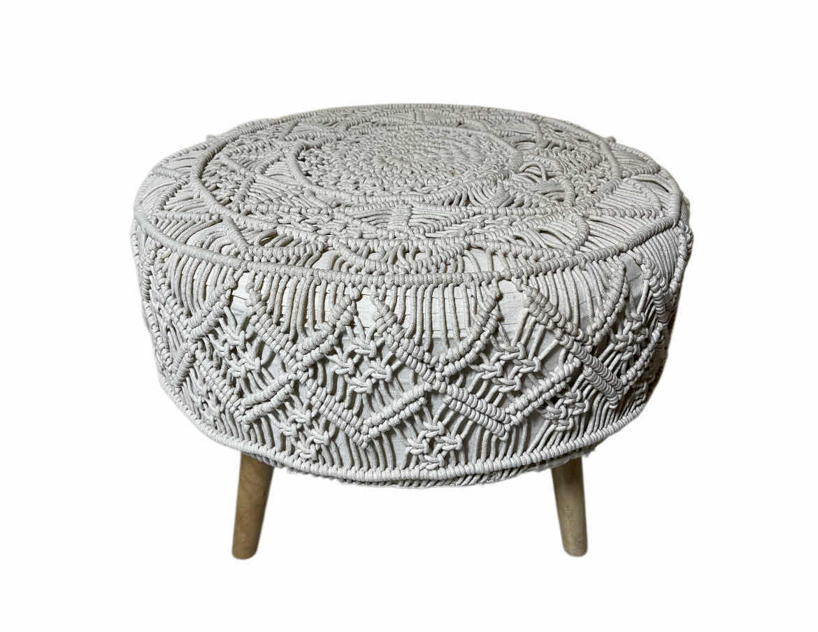 Photo 1 of KOHINOOR EMBROIDERED OFF-WHITE ROUND OTTOMAN 23” X 16”