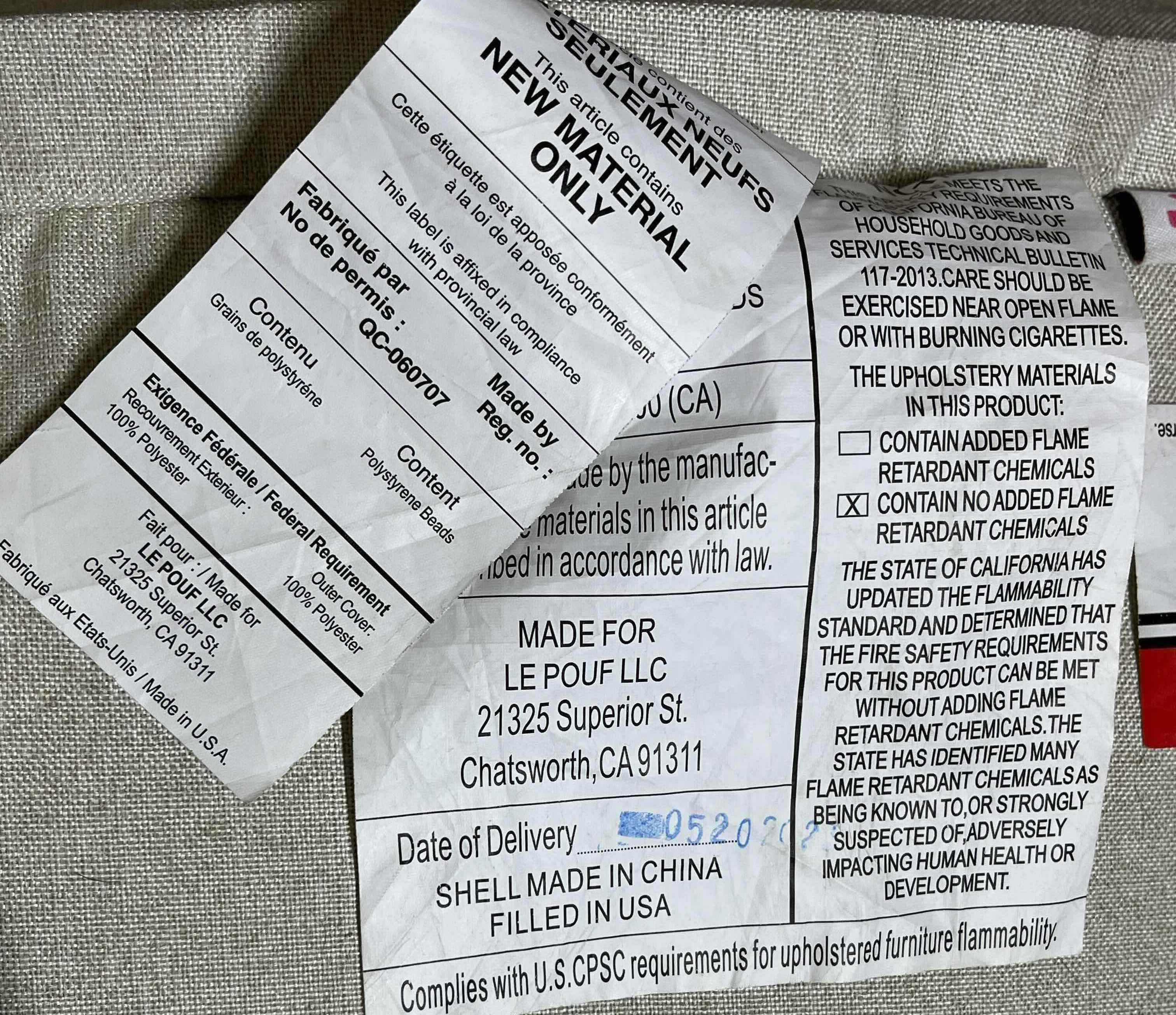 Photo 1 of LE POUF GRAY & OFF-WHITE BEAN CHAIR 19” X 15”