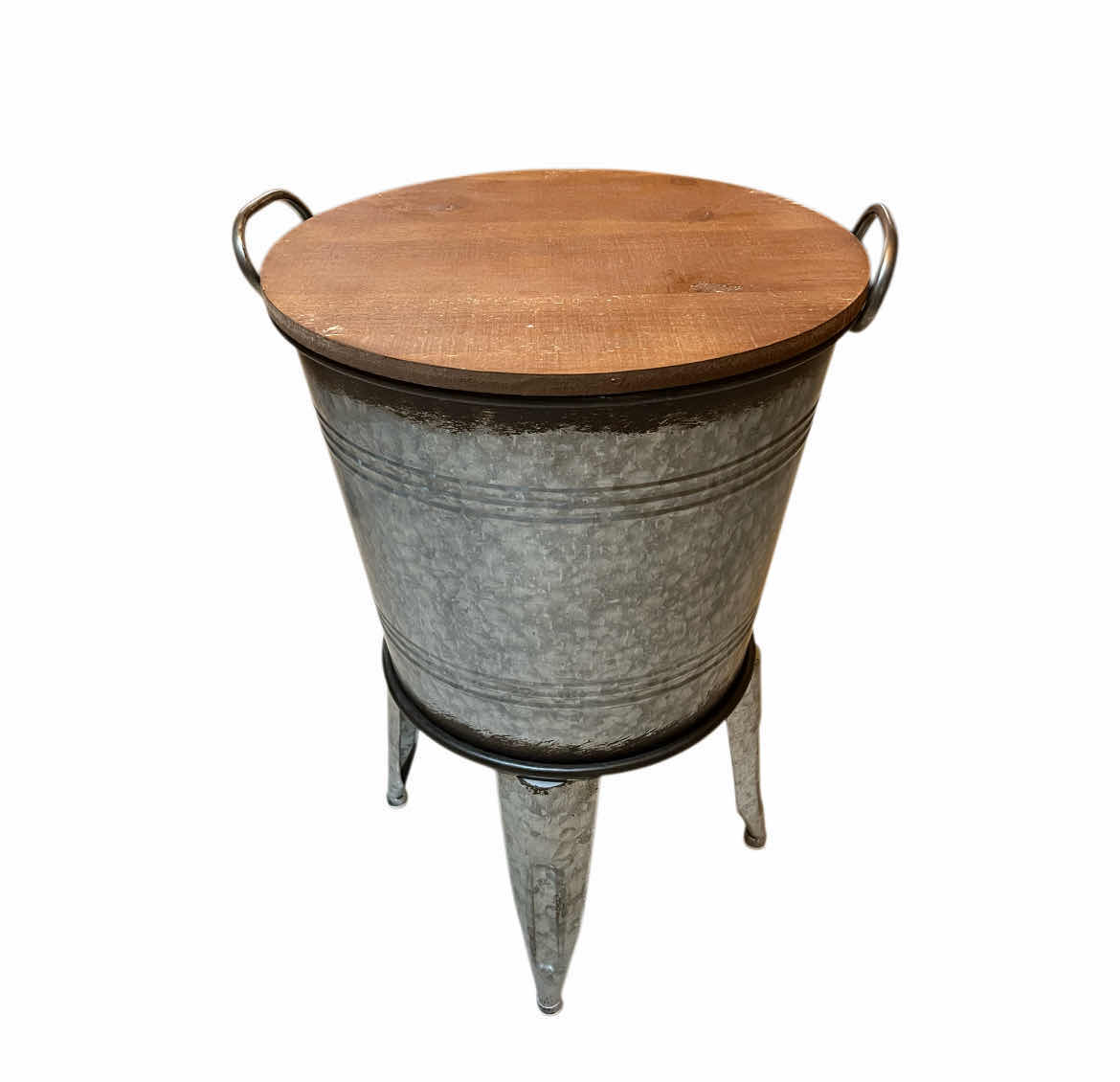 Photo 1 of ELIOELIO RUSIC GALVANIZED STEEL STORAGE BUCKET ACCENT TABLE 17” X 16” H23.5”