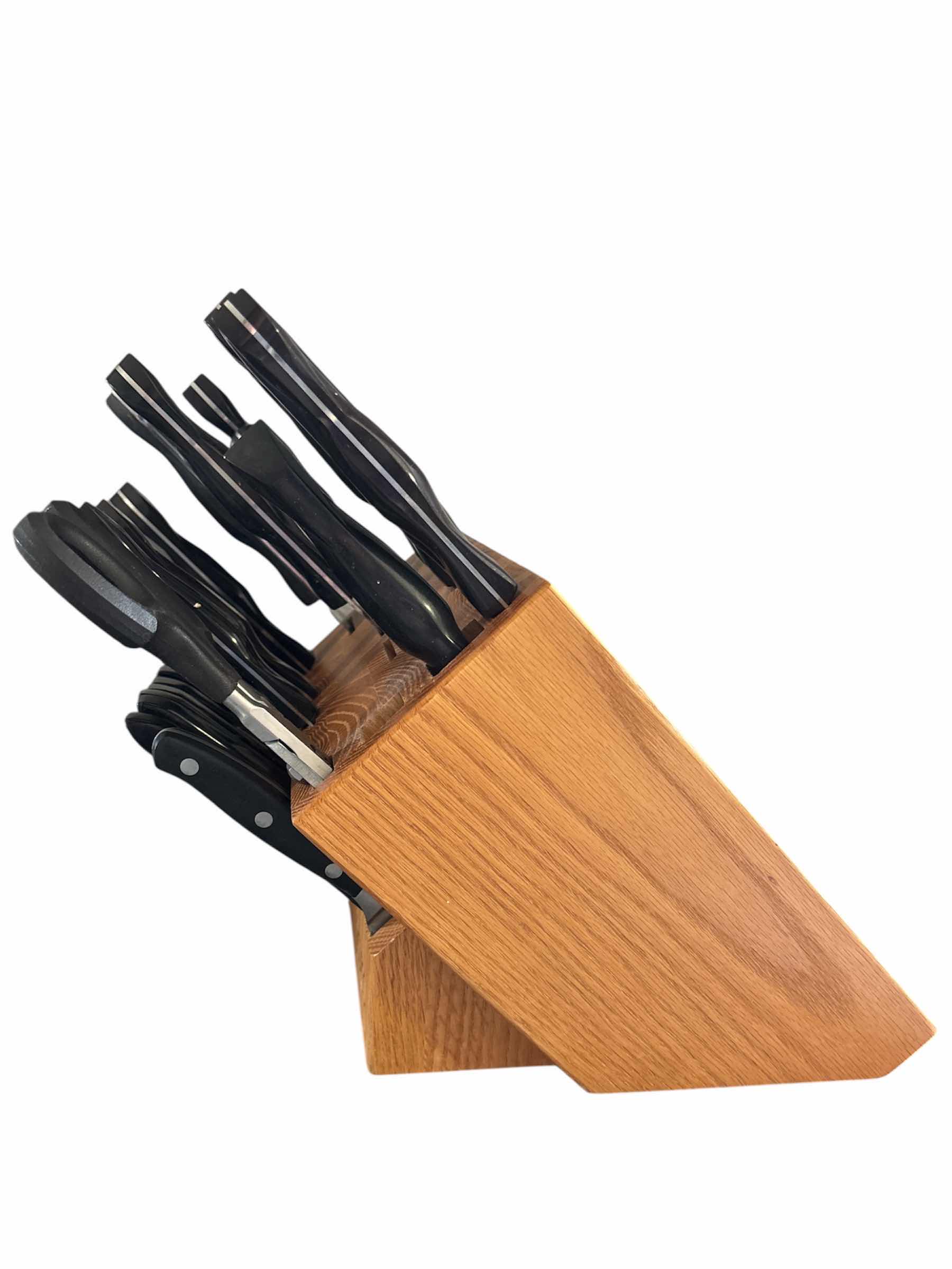 Photo 1 of CUTCO SANTOKU-STYLE SIGNATURE SET W STEAK KNIVES W BLOCK (CLASSIC SET/BLACK, HONEY FINISH BLOCK)