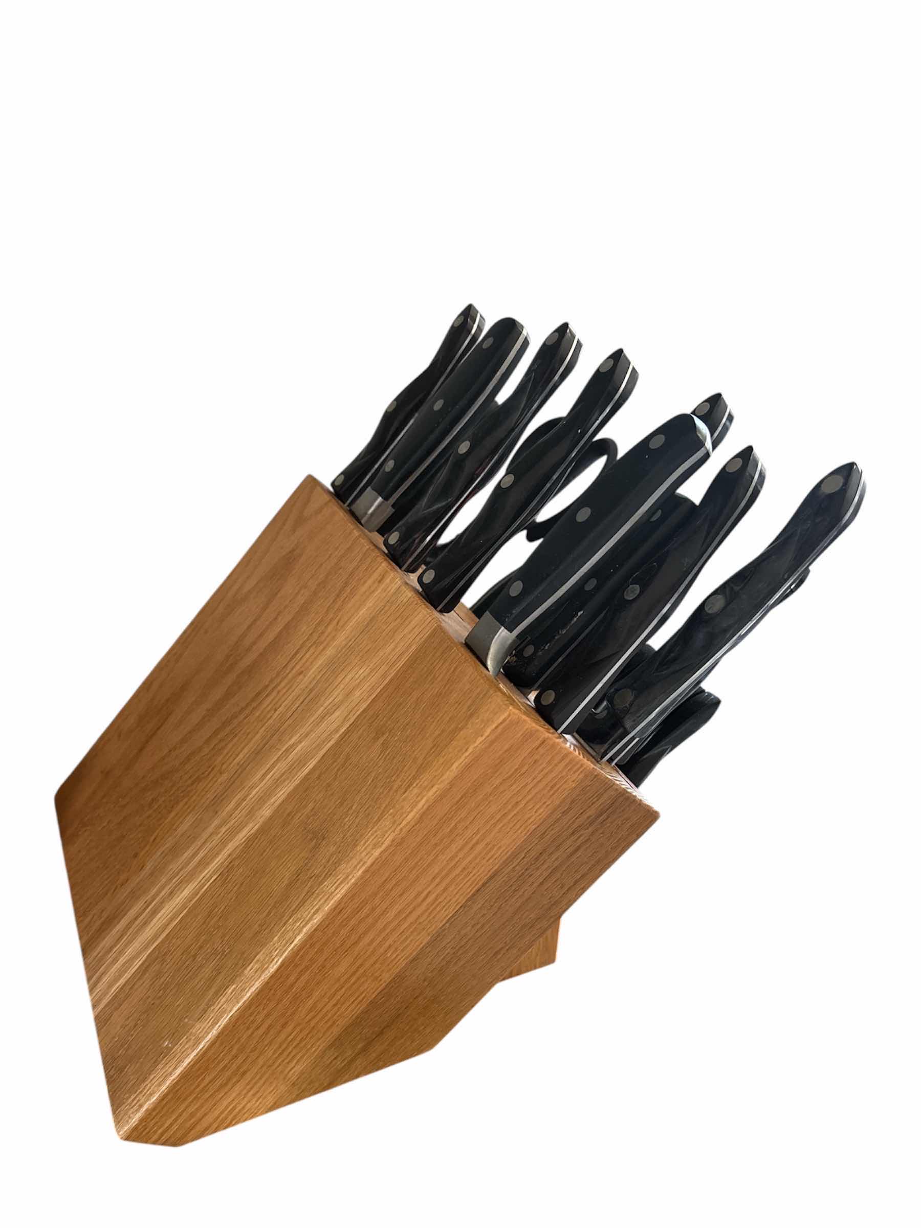 Photo 1 of CUTCO SANTOKU-STYLE SIGNATURE SET W STEAK KNIVES W BLOCK (CLASSIC SET/BLACK, HONEY FINISH BLOCK)