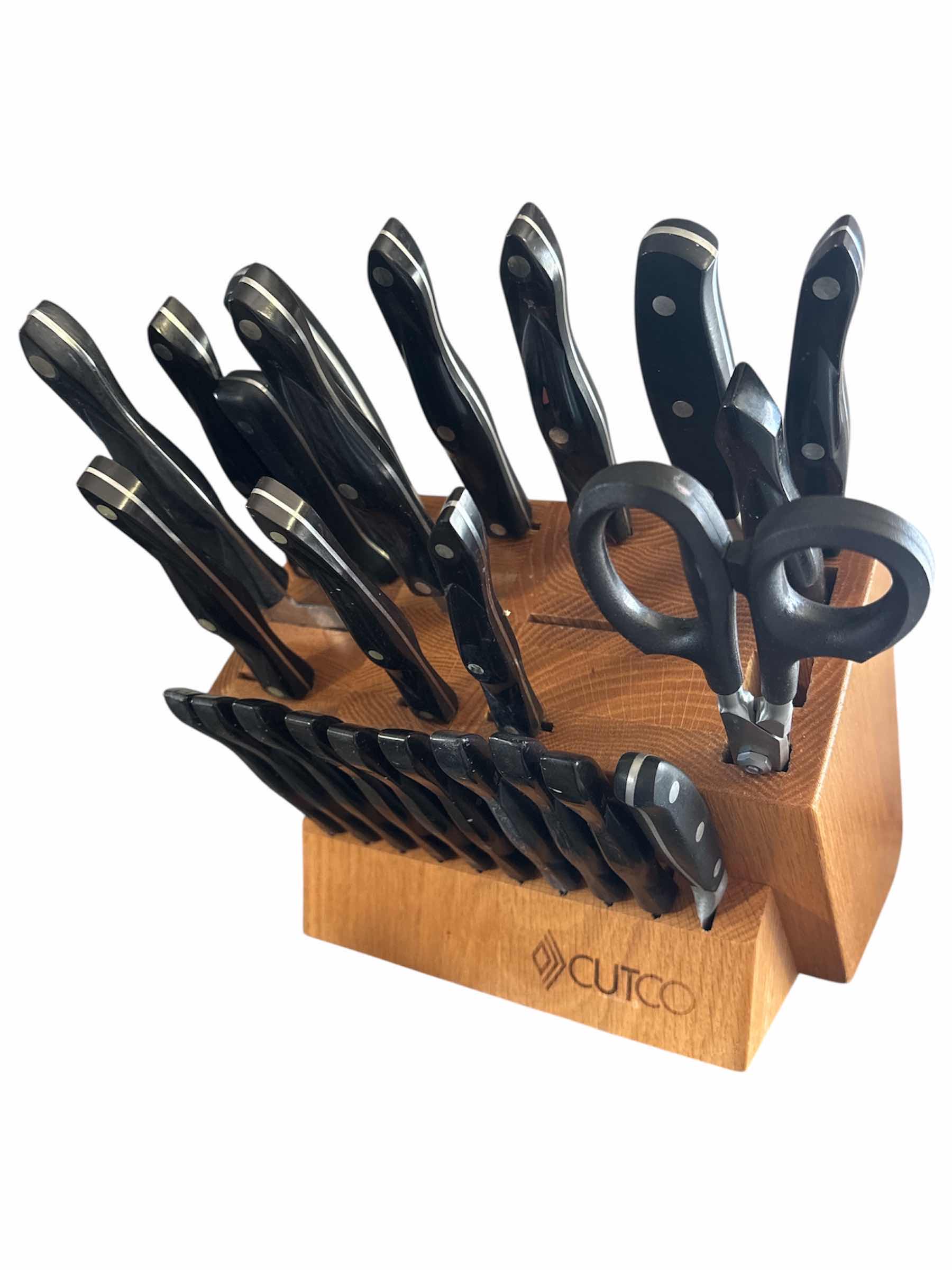 Photo 1 of CUTCO SANTOKU-STYLE SIGNATURE SET W STEAK KNIVES W BLOCK (CLASSIC SET/BLACK, HONEY FINISH BLOCK)